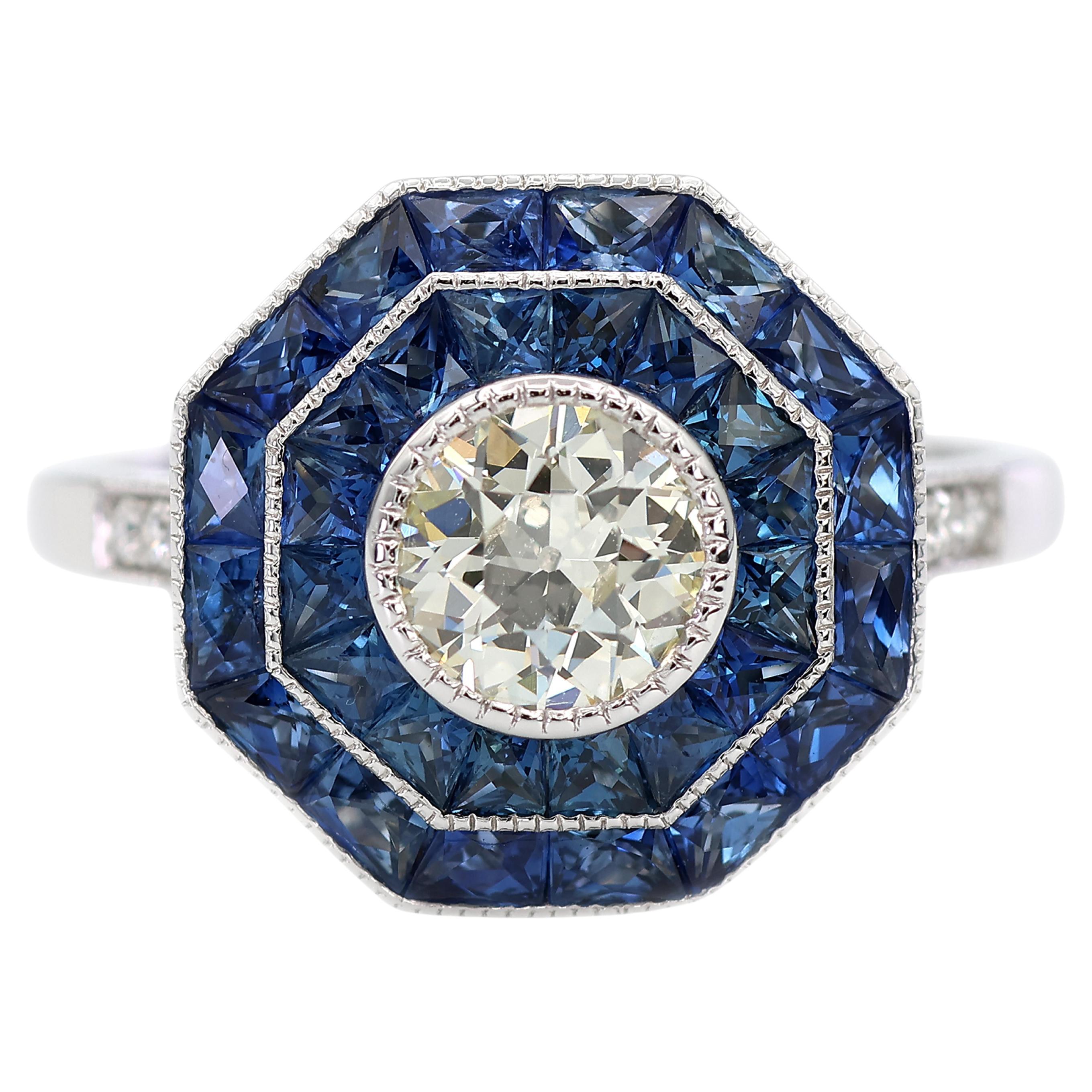 Anillo Milgrain de Platino 950 con Diamante Natural y Zafiro Natural en venta