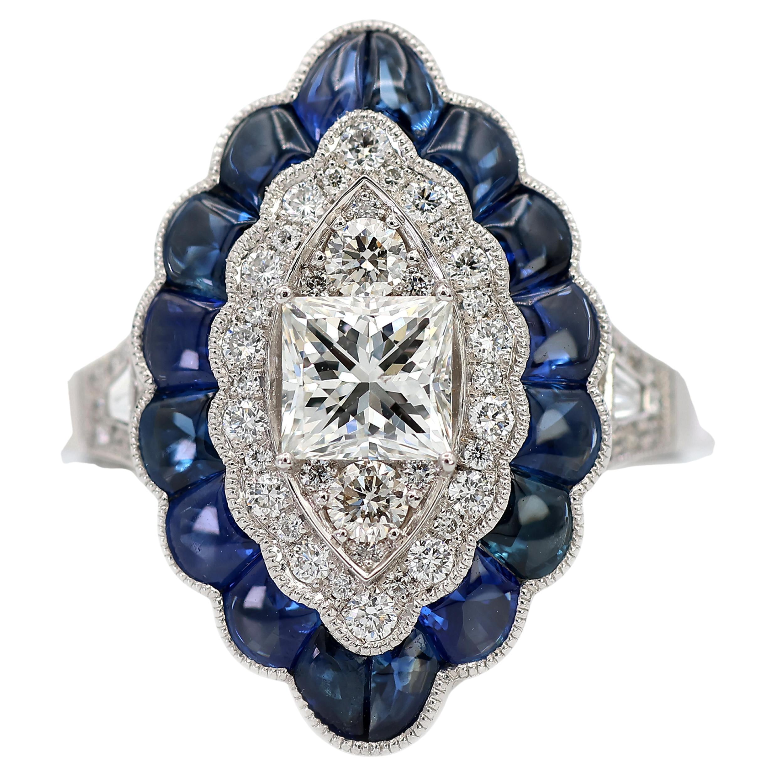 Anillo Milgrain de Platino 950 con Diamante Natural y Zafiro Natural