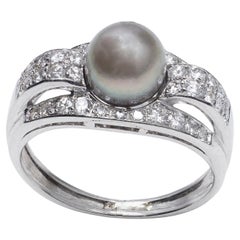 Platinum 950 Natural Saltwater Pearl and Diamond Ring