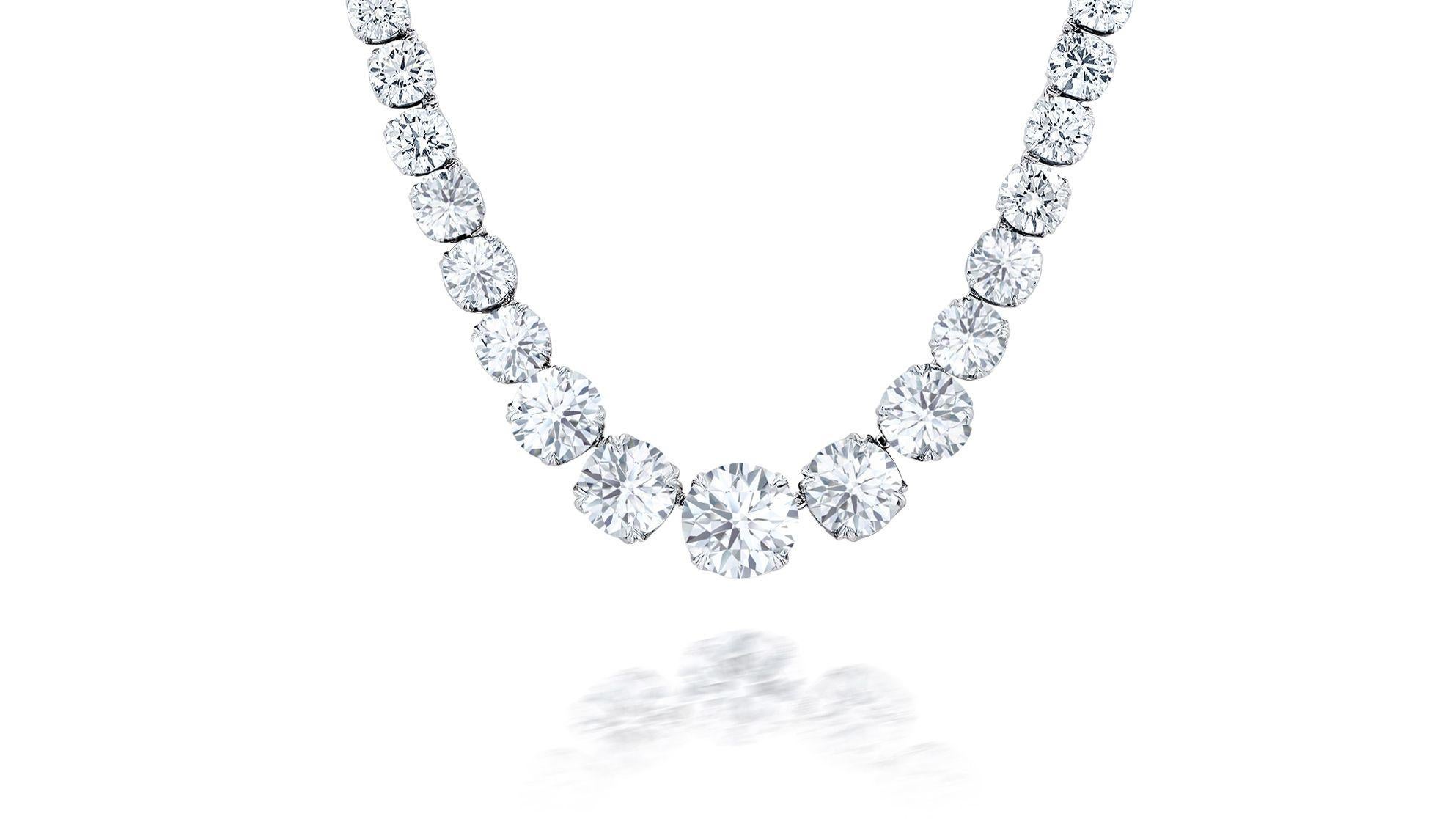 Round Cut Platinum 95.00 Carat Diamond Tennis Necklace For Sale