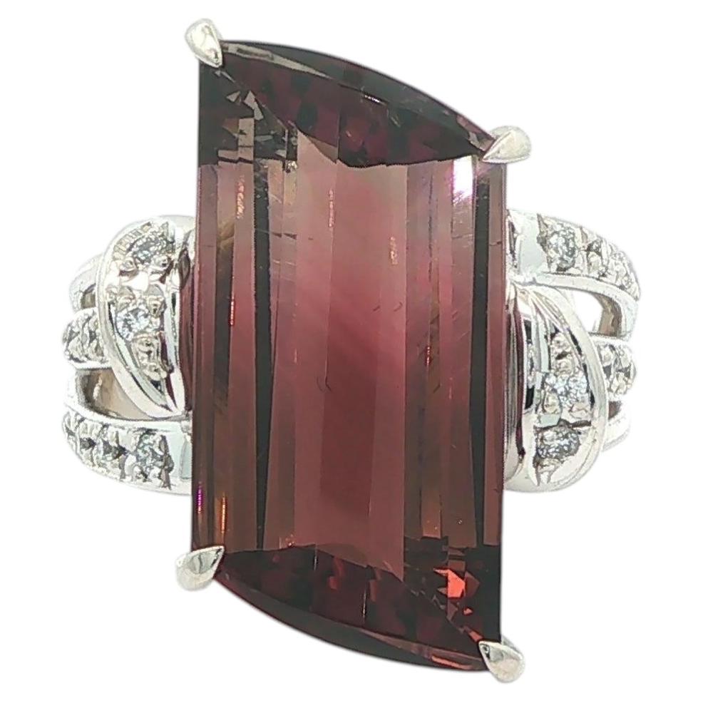 Platinum 9.54ctw Unique Cut Light to Dark Pink Tourmaline w/ Pave Diamond Ring For Sale