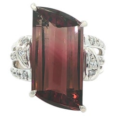 Platinum 9.54ctw Unique Cut Light to Dark Pink Tourmaline w/ Pave Diamond Ring