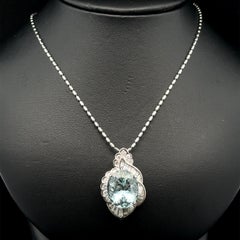 Platinum 9.59ctw Oval Aquamarine & Diamond Large Pendant Necklace Bead Chain