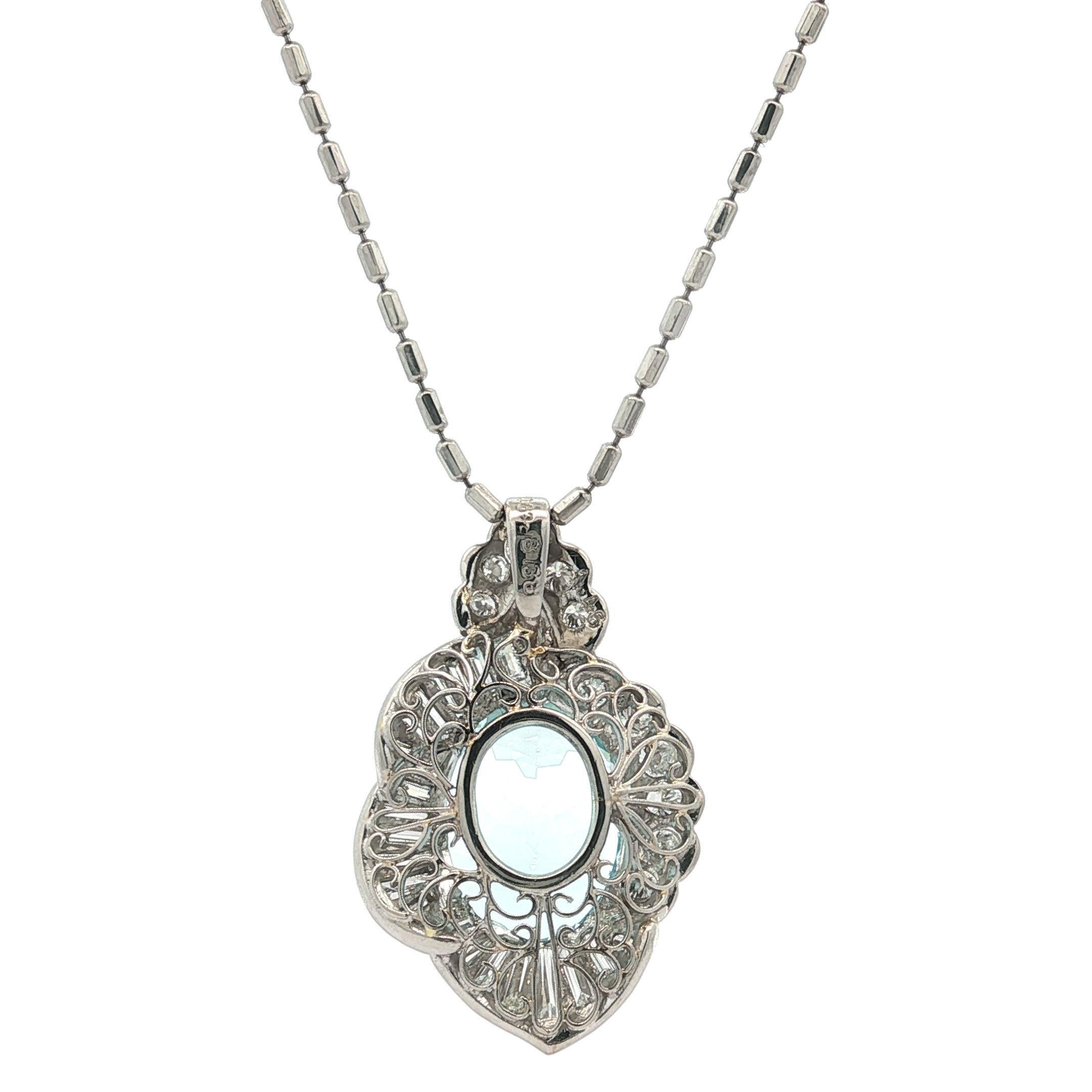 Collier à perles en platine avec aigue-marine ovale et diamant de 9,59ctw en vente 3