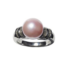 Platinum Pink Coral Core Pearl Ring with Diamonds