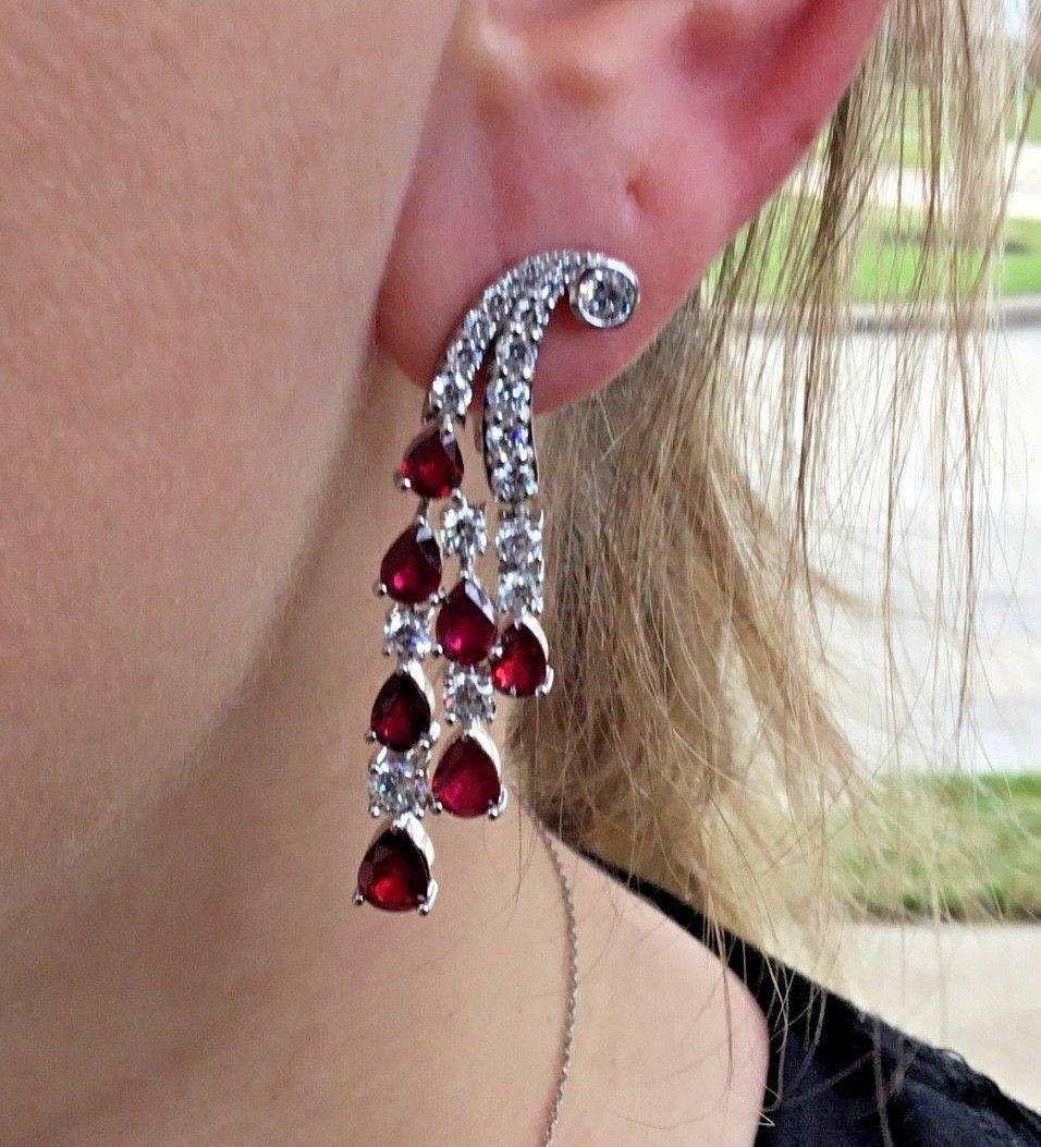 Modern Platinum 9.68 Carat Ruby and Diamond Chandelier Drop Dangle Earrings 22 Grams