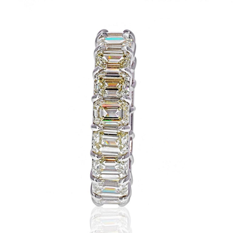 Absolutely one of a kind handmade eternity band mounted with emerald-cut diamonds. Emerald cuts mounted by hand in pure platinum, a perfect gift for your special someone or for yourself.
9.75cttw total carat weight and total sparkle. 
Color: Average