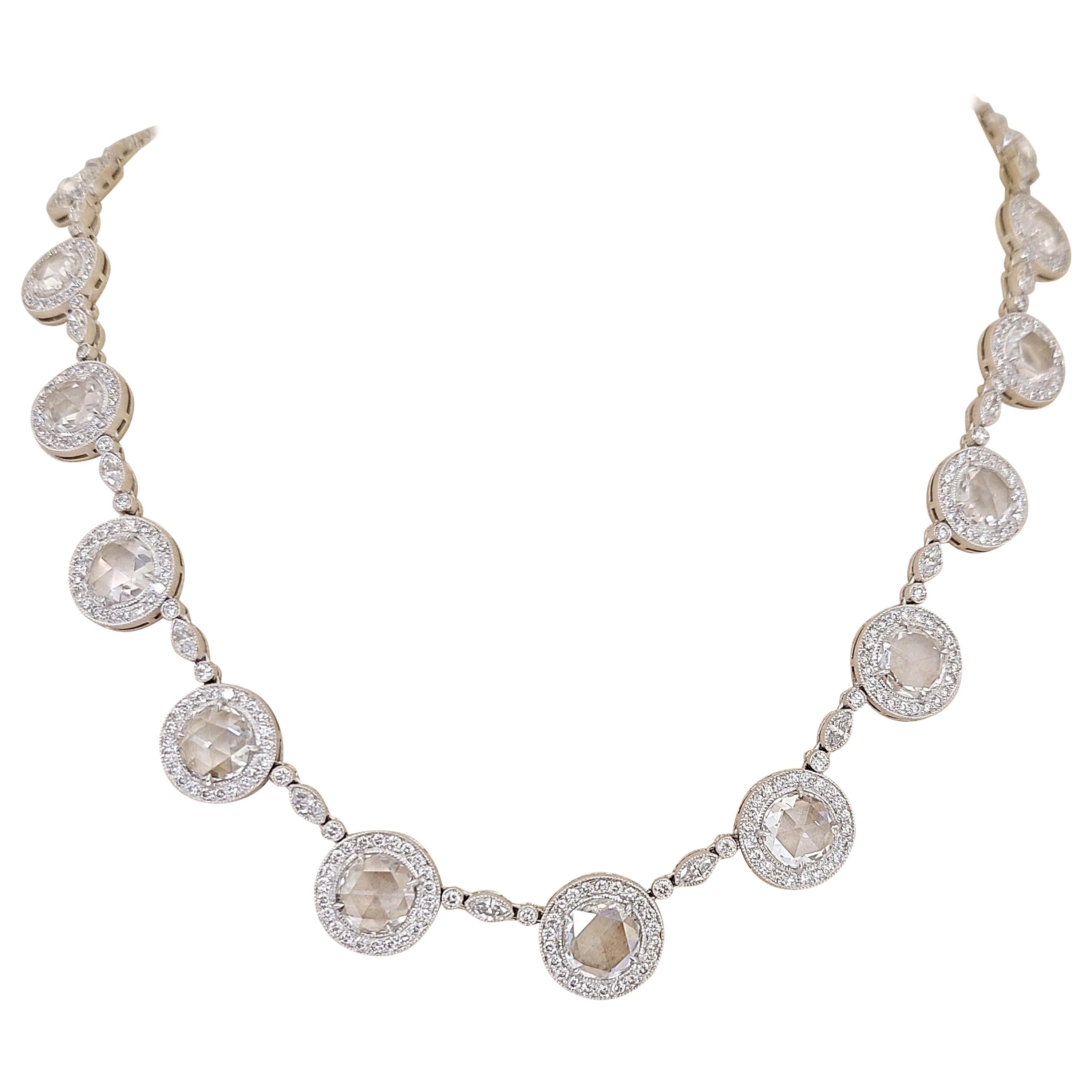 Platinum 9.99 Carat Rose Cut Diamond Necklace with Diamond Accents For Sale