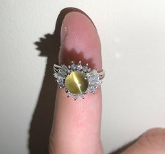 Platinum AAA Chrysoberyl Cats Eye and Diamond Ring 3.47 Carat