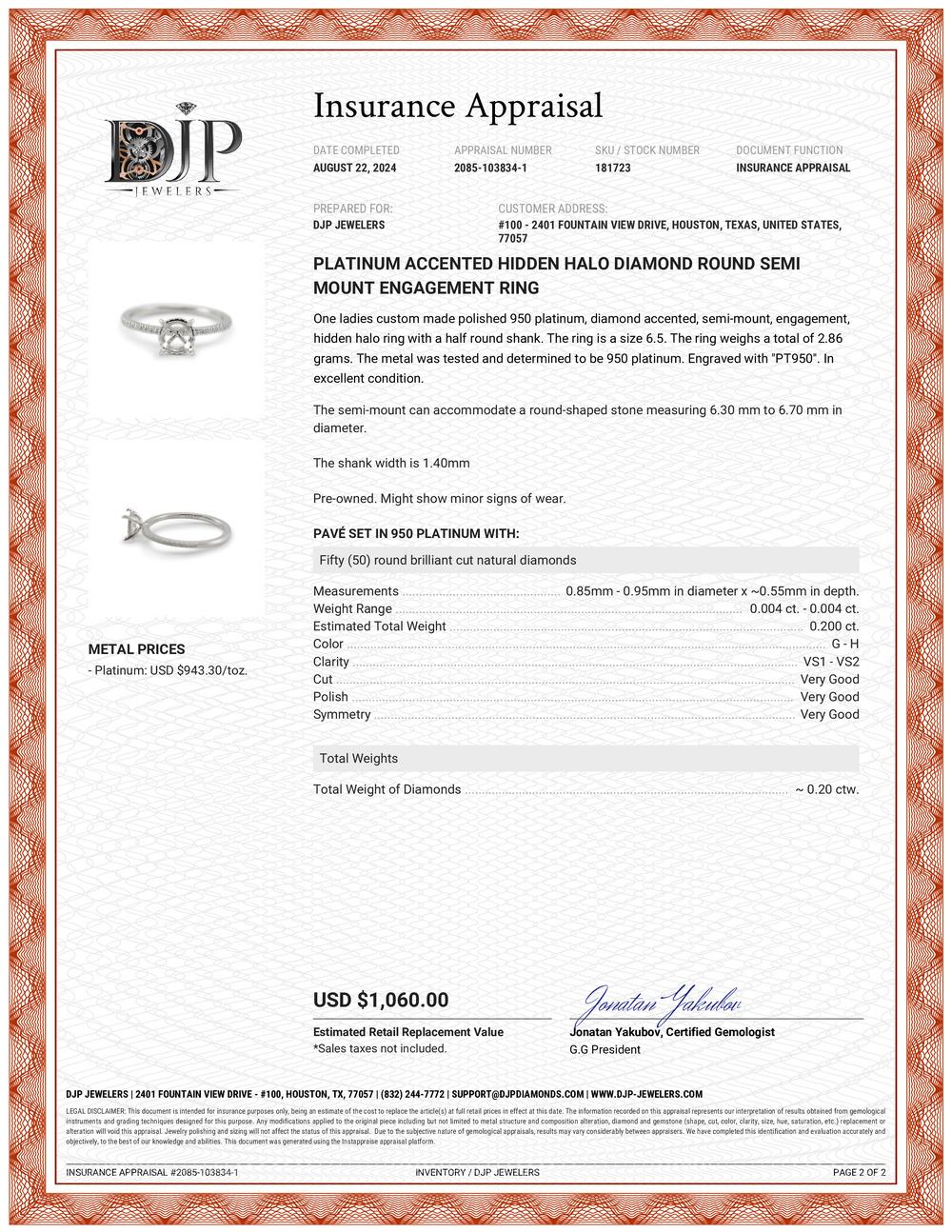 Platinum Accented Hidden Halo Diamond Round Semi Mount Engagement Ring For Sale 3