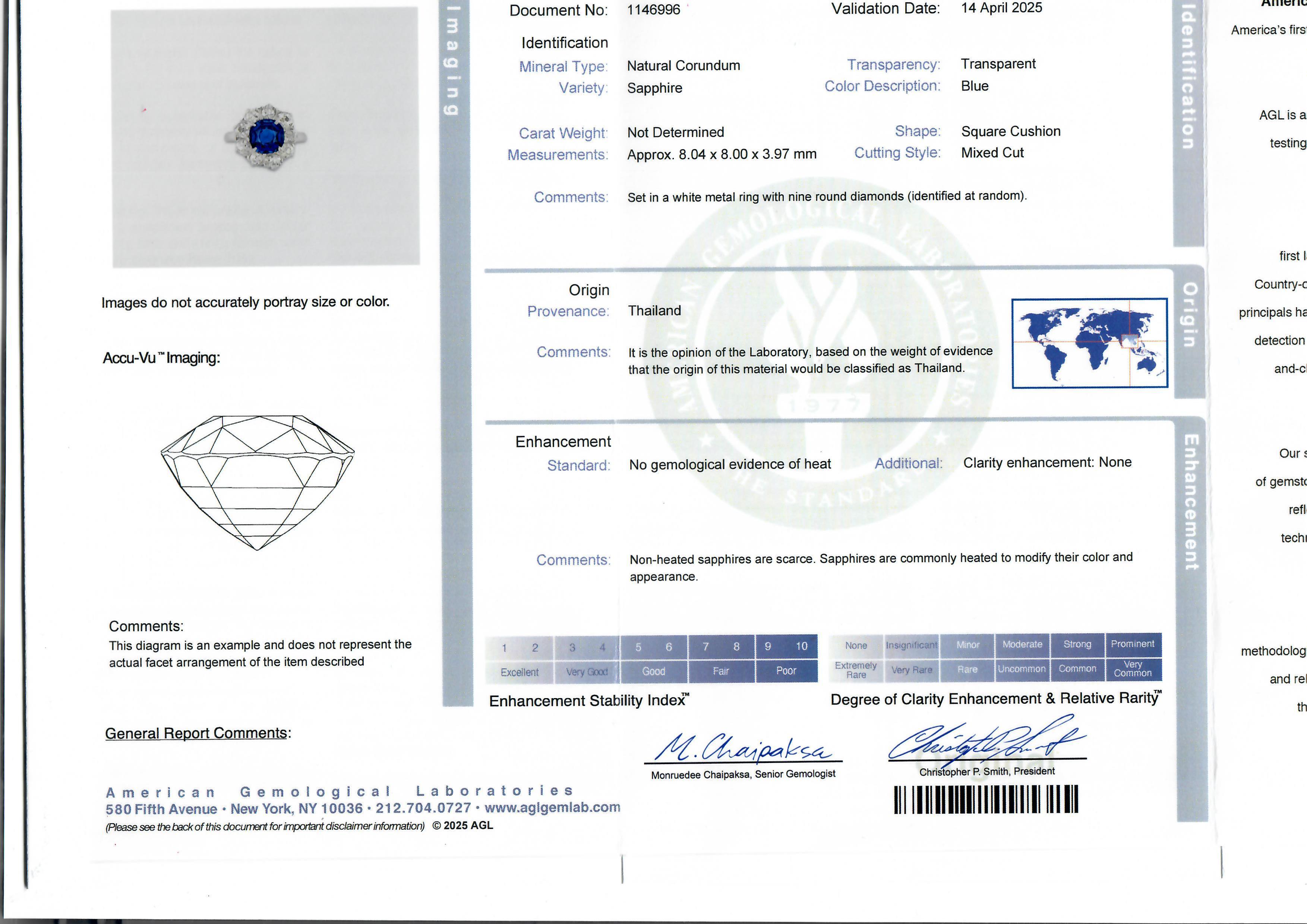 --Stone(s):--
(1) Natural Genuine Sapphire - Absolute Gem - Square Cushion Cut - Prong Set - Royal Blue Color - Clean - No Heat - 2.30ct (approx.)
** See Certification Details Below for Complete Info **
(9) Natural Genuine Diamonds - Old European &