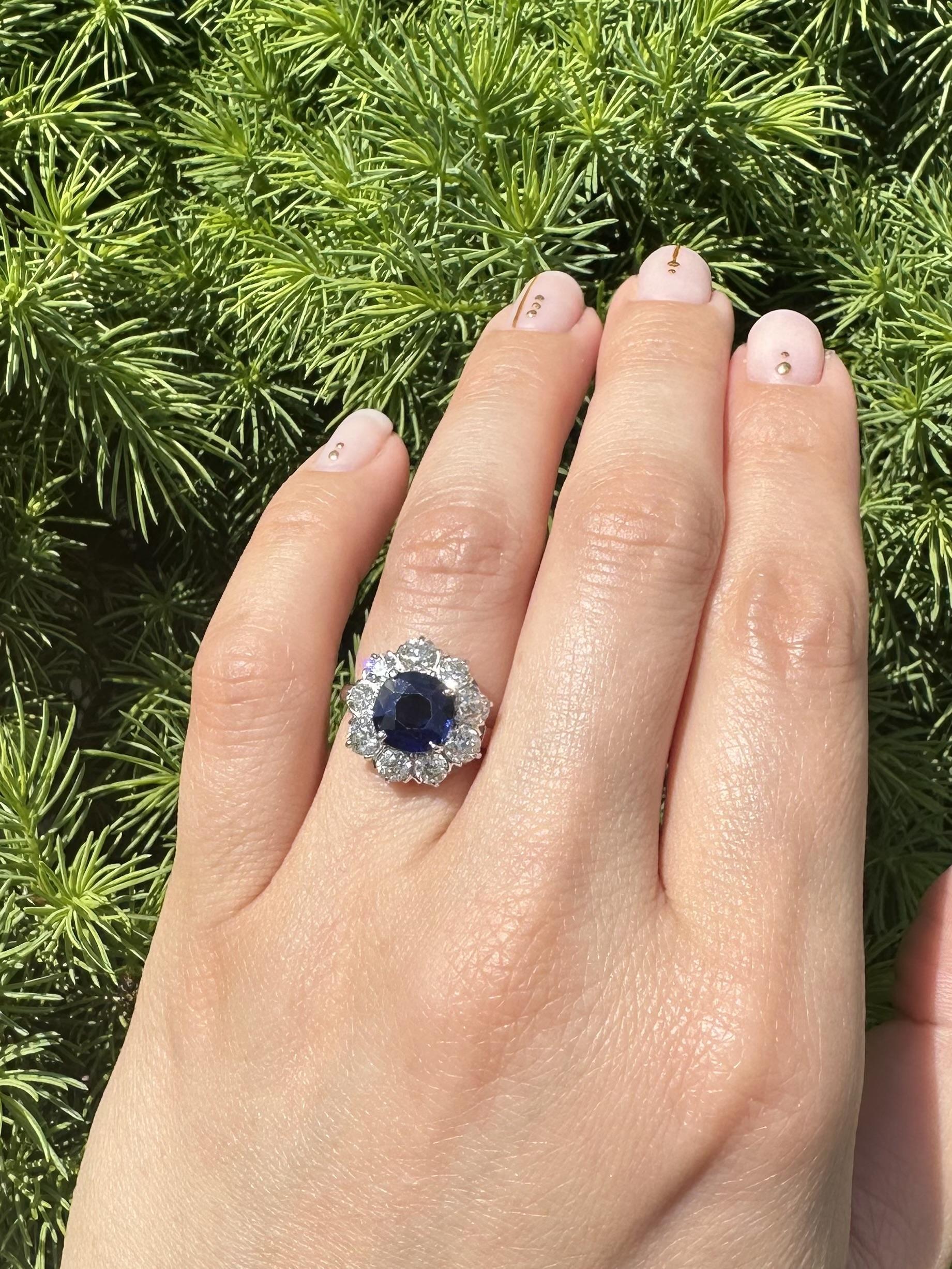 Cushion Cut Platinum AGL 3.65ctw No Heat Absolute Gem Sapphire w/ Diamond Halo Ring For Sale