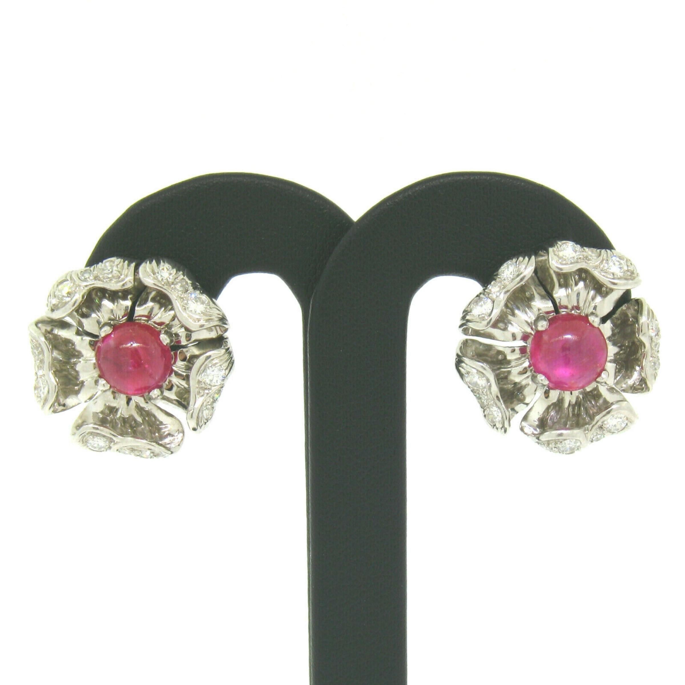 Platinum AGL 5.00ctw Cabochon No Heat Burma Ruby & Diamond Flower Clip Earrings In Good Condition For Sale In Montclair, NJ