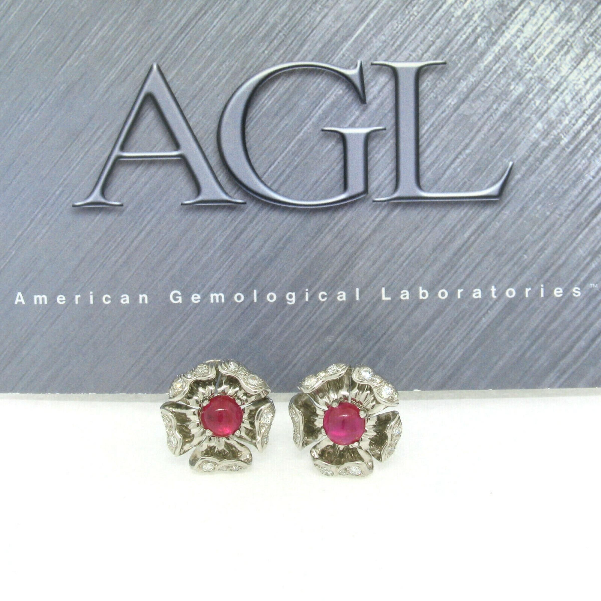 Women's Platinum AGL 5.00ctw Cabochon No Heat Burma Ruby & Diamond Flower Clip Earrings For Sale