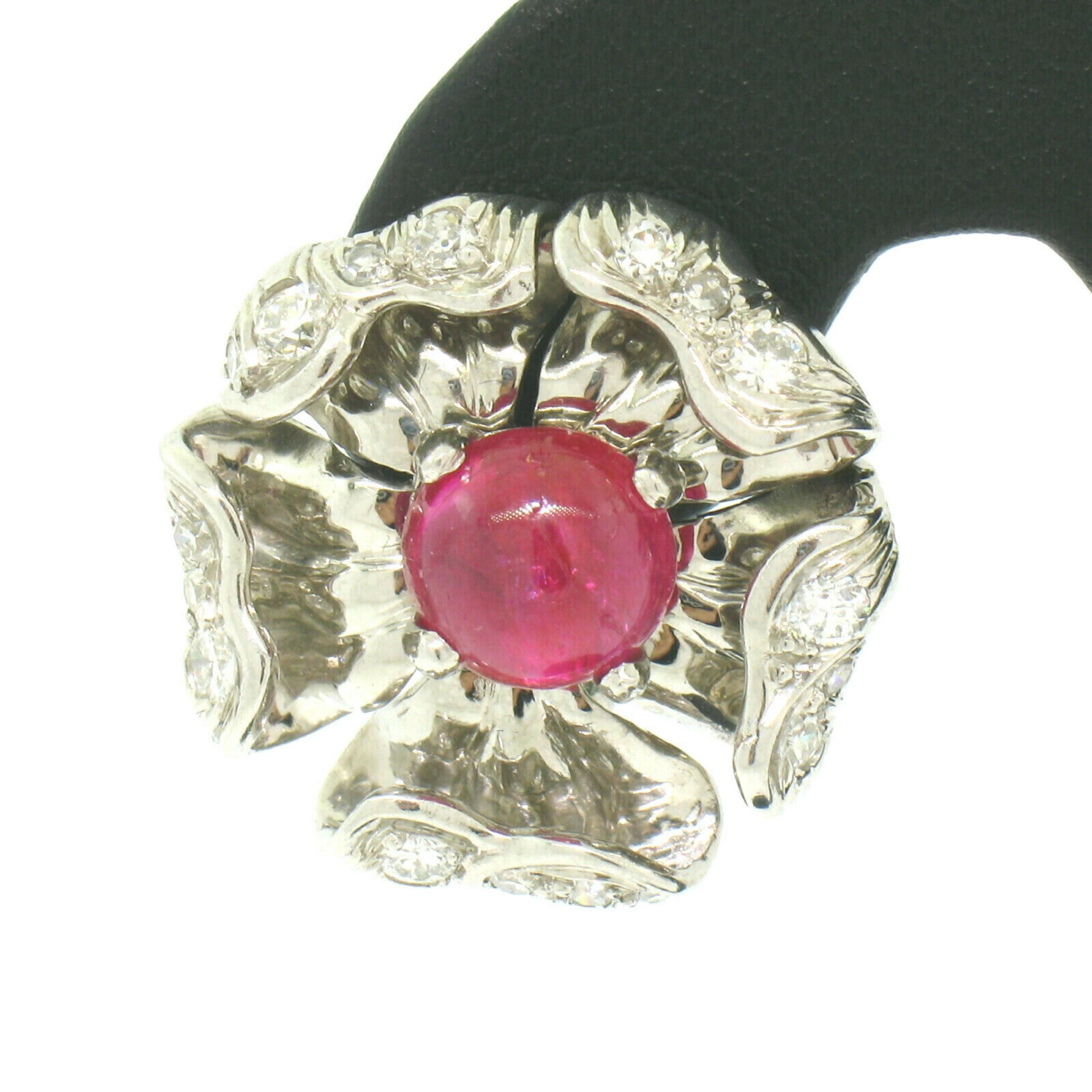 Platinum AGL 5.00ctw Cabochon No Heat Burma Ruby & Diamond Flower Clip Earrings For Sale 2