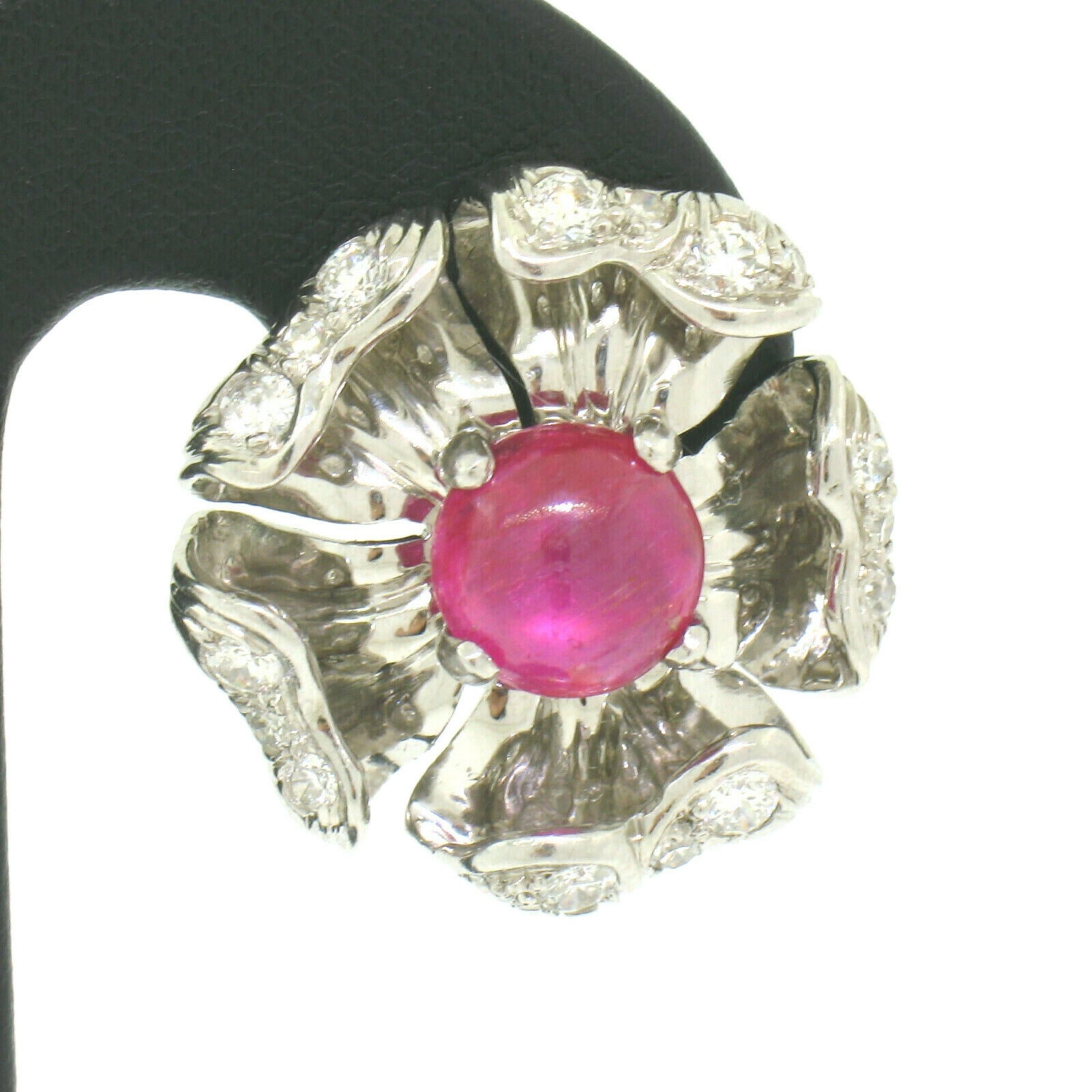 Platinum AGL 5.00ctw Cabochon No Heat Burma Ruby & Diamond Flower Clip Earrings For Sale 3