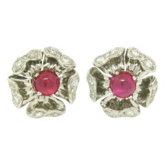 Platinum AGL 5.00ctw Cabochon No Heat Burma Ruby & Diamond Flower Clip Earrings