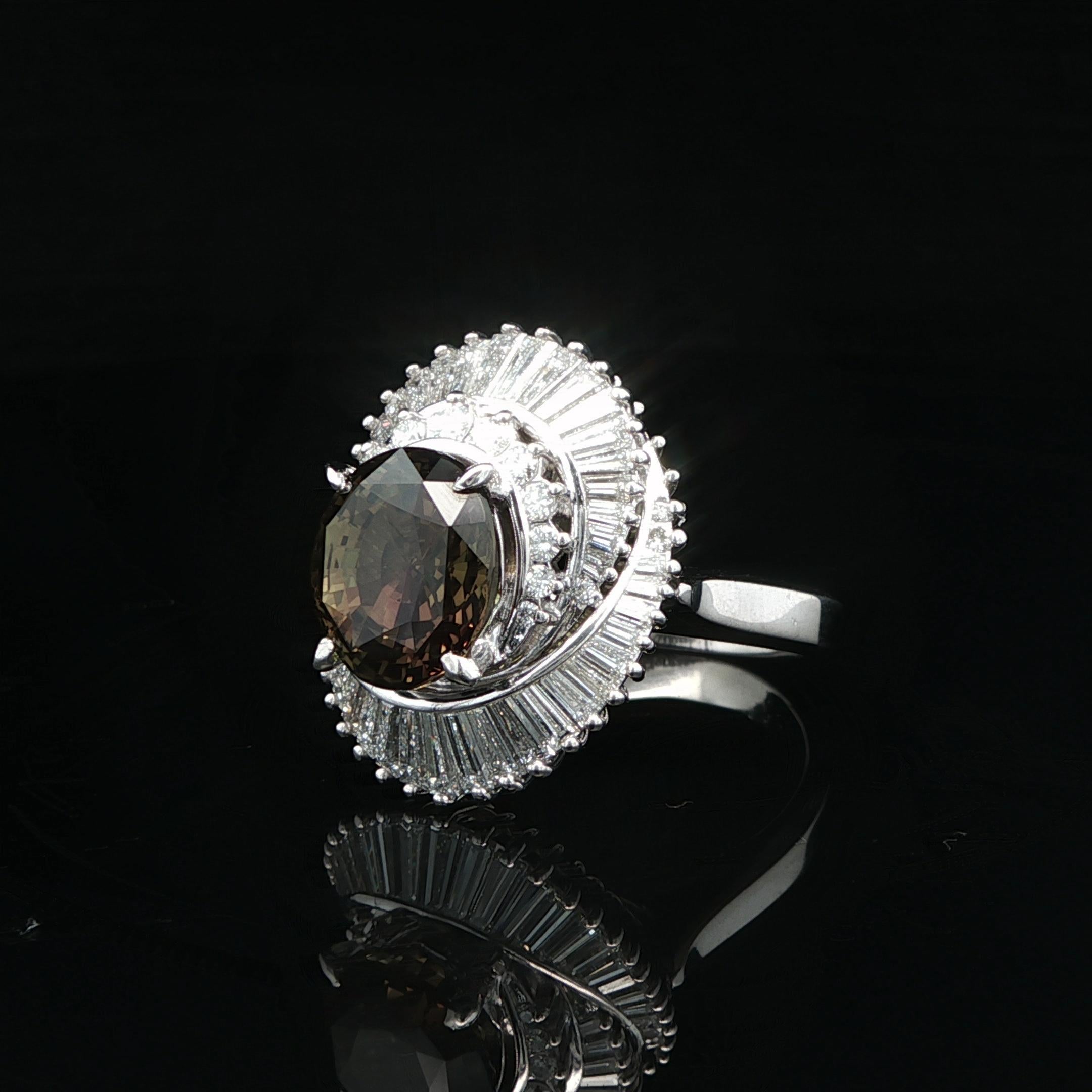 Platinum AGL 5.81ctw Color Change Alexandrite Diamond Swirl Ballerina Ring For Sale 3