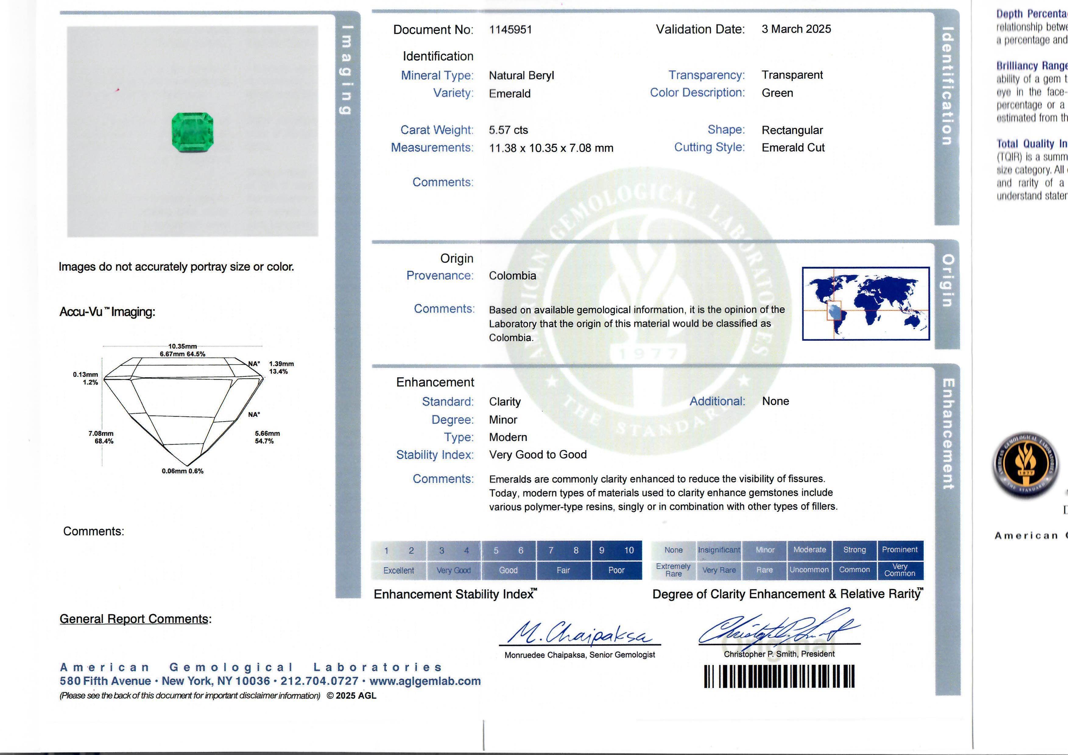 --Stone(s):--
(1) Natural Genuine Emerald - Rectangular Emerald Cut - Prong Set - Green Color - Colombian - Minot - 5.57ct (exact. certified)
** See Certification Details Below for Complete Info **
(14) Natural Genuine Diamonds - Round Brilliant Cut