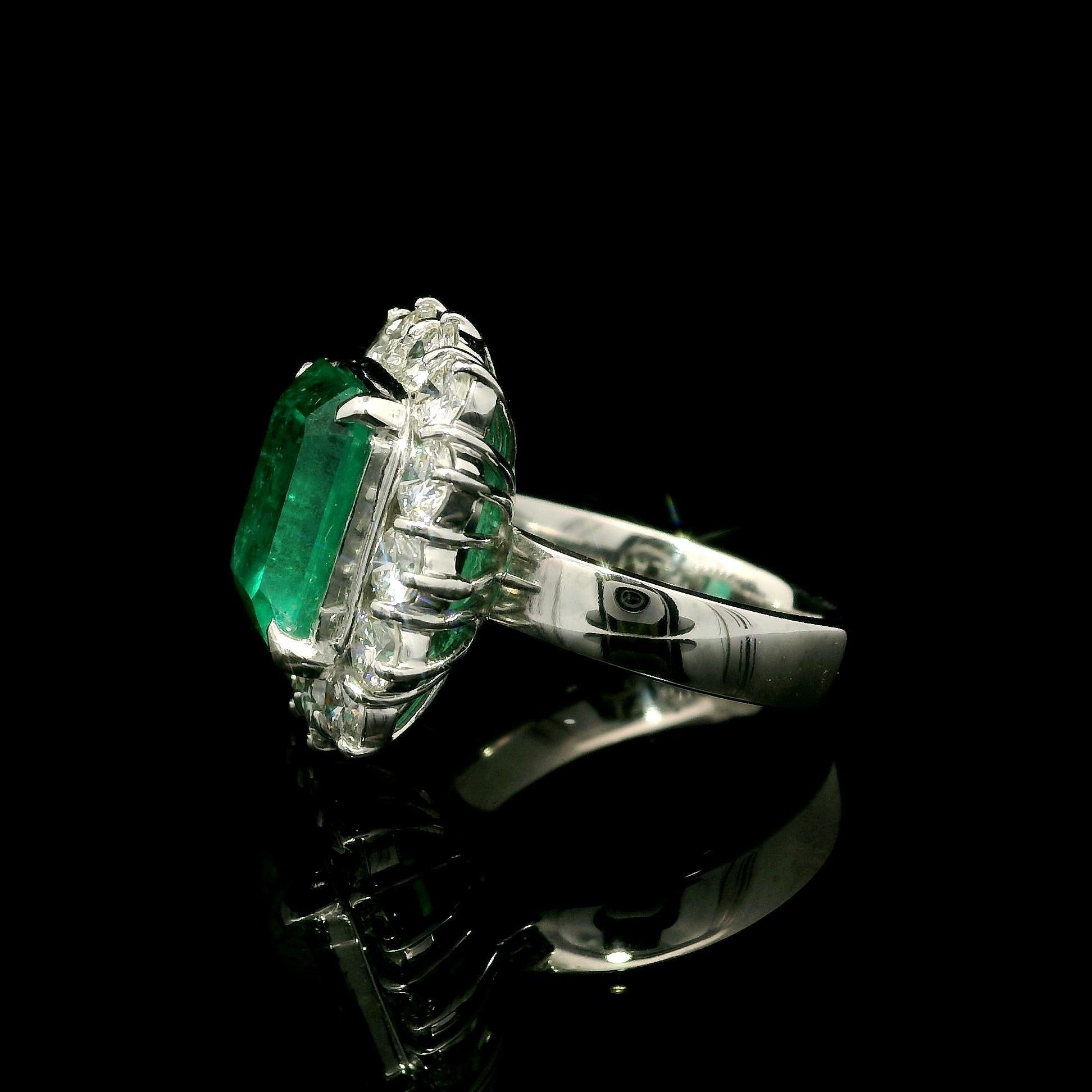 Emerald Cut Platinum AGL 7.59ctw Colombian Emerald w/ Large Diamond Halo Substantial Ring For Sale
