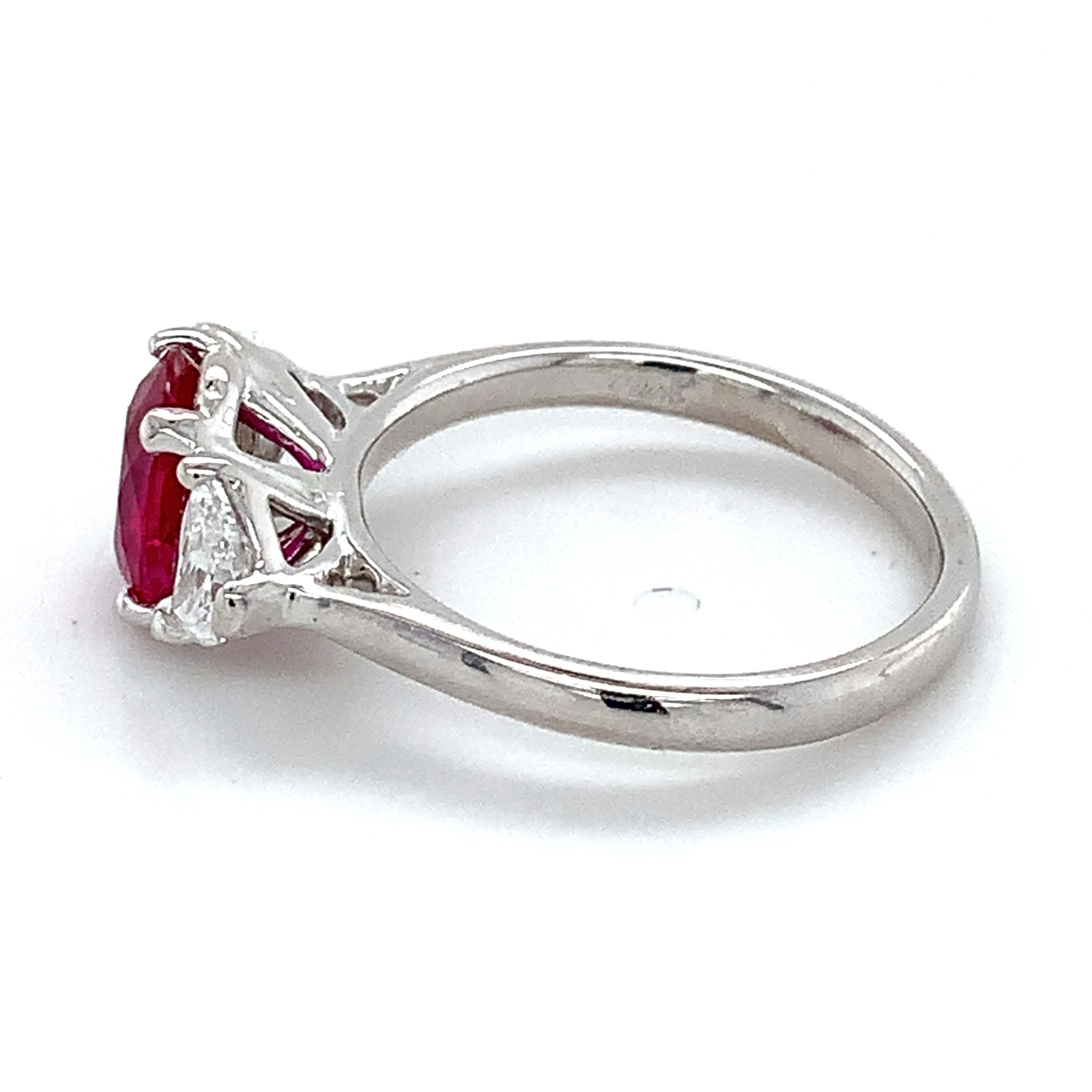Platinum AGL Burma No Heat Red Ruby W/ Half Moon Diamond 3 Stone Ring 5