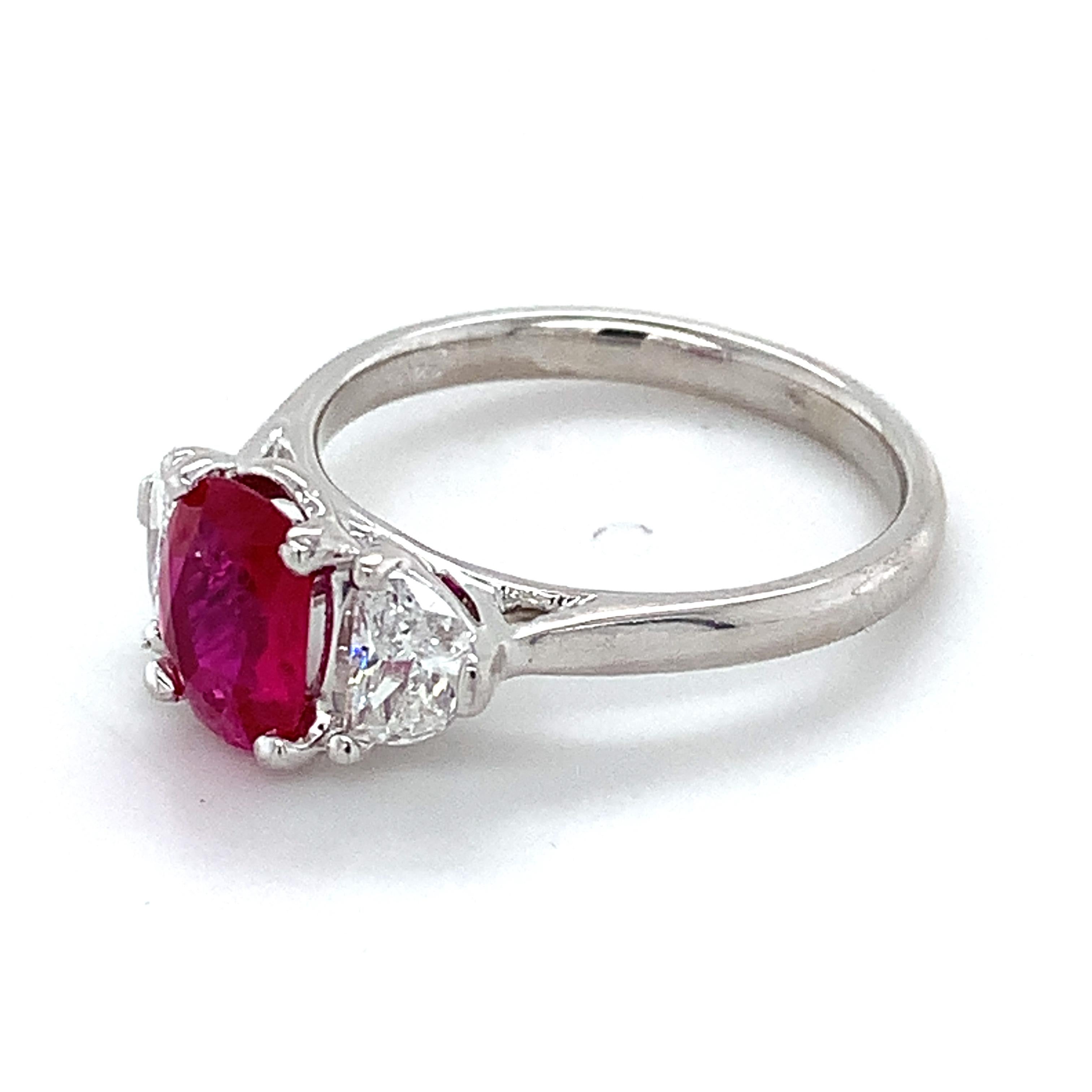Platinum AGL Burma No Heat Red Ruby W/ Half Moon Diamond 3 Stone Ring 6