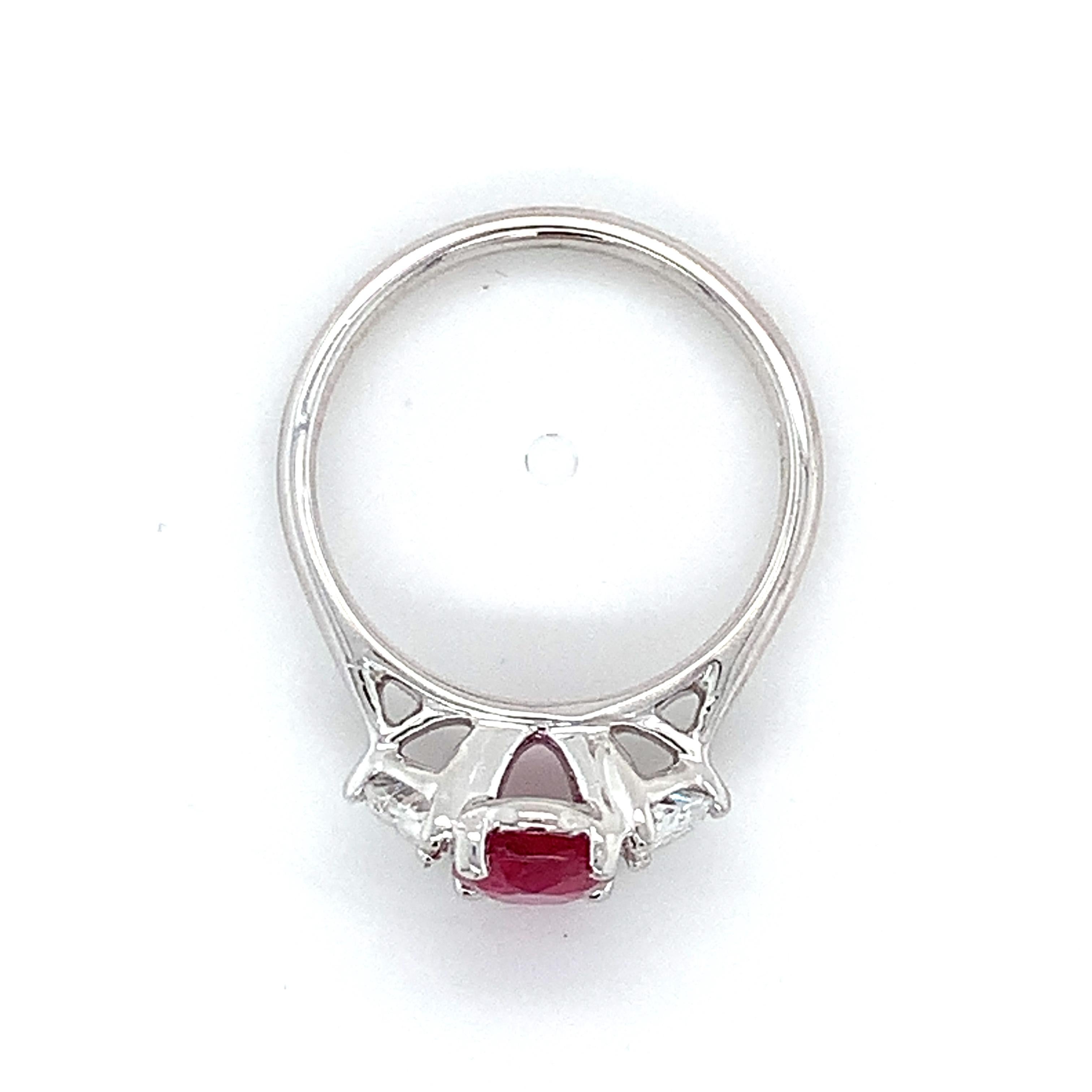 Platinum AGL Burma No Heat Red Ruby W/ Half Moon Diamond 3 Stone Ring In Excellent Condition In Montgomery, AL