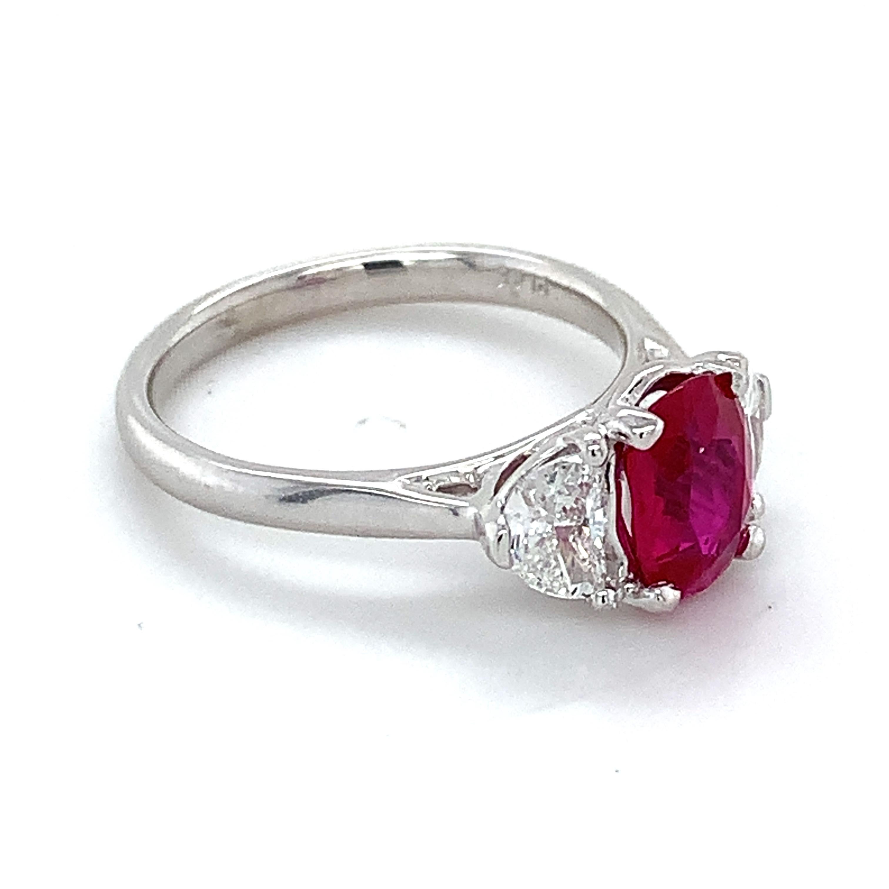 Women's Platinum AGL Burma No Heat Red Ruby W/ Half Moon Diamond 3 Stone Ring