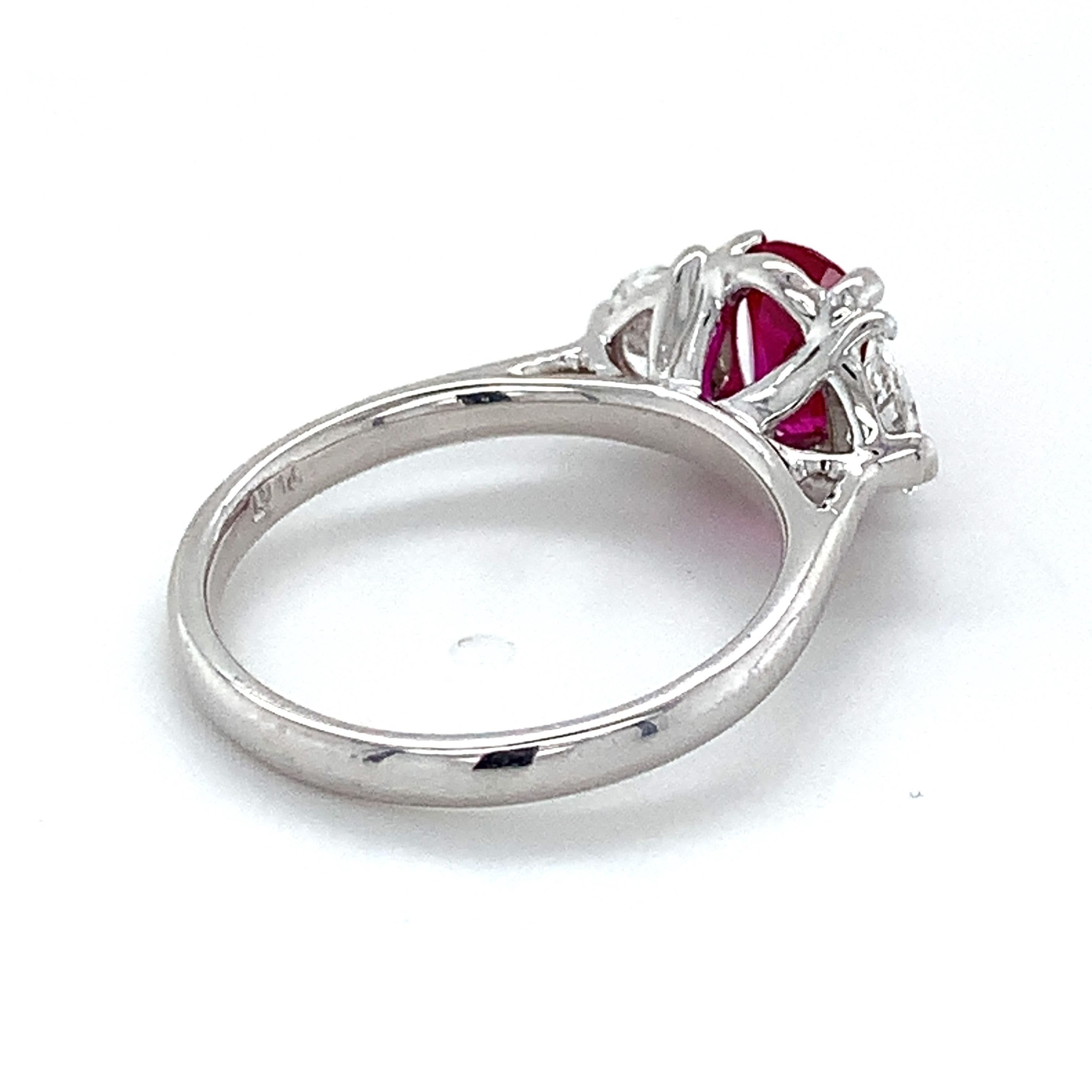 Platinum AGL Burma No Heat Red Ruby W/ Half Moon Diamond 3 Stone Ring 2