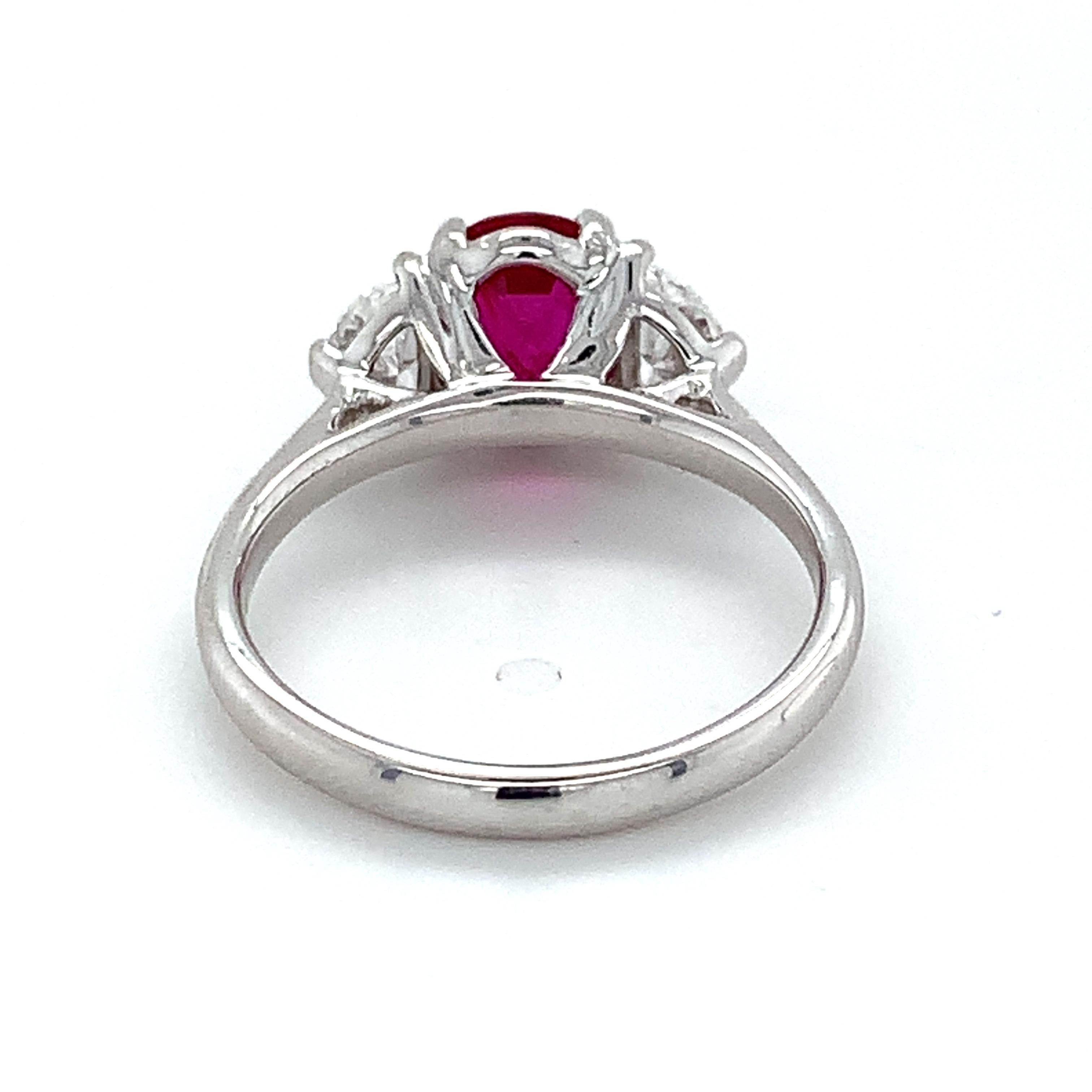 Platinum AGL Burma No Heat Red Ruby W/ Half Moon Diamond 3 Stone Ring 3