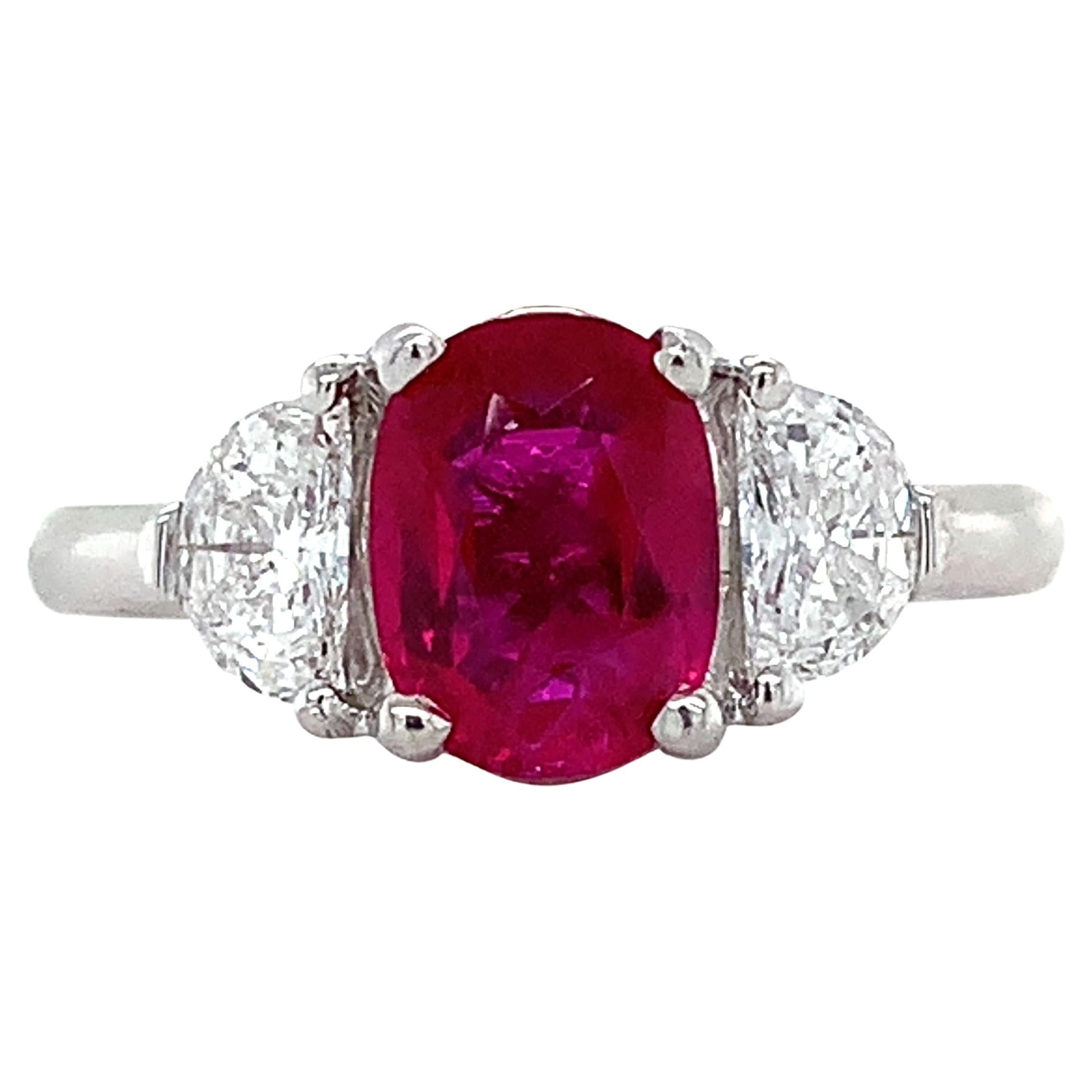 Platinum AGL Burma No Heat Red Ruby W/ Half Moon Diamond 3 Stone Ring