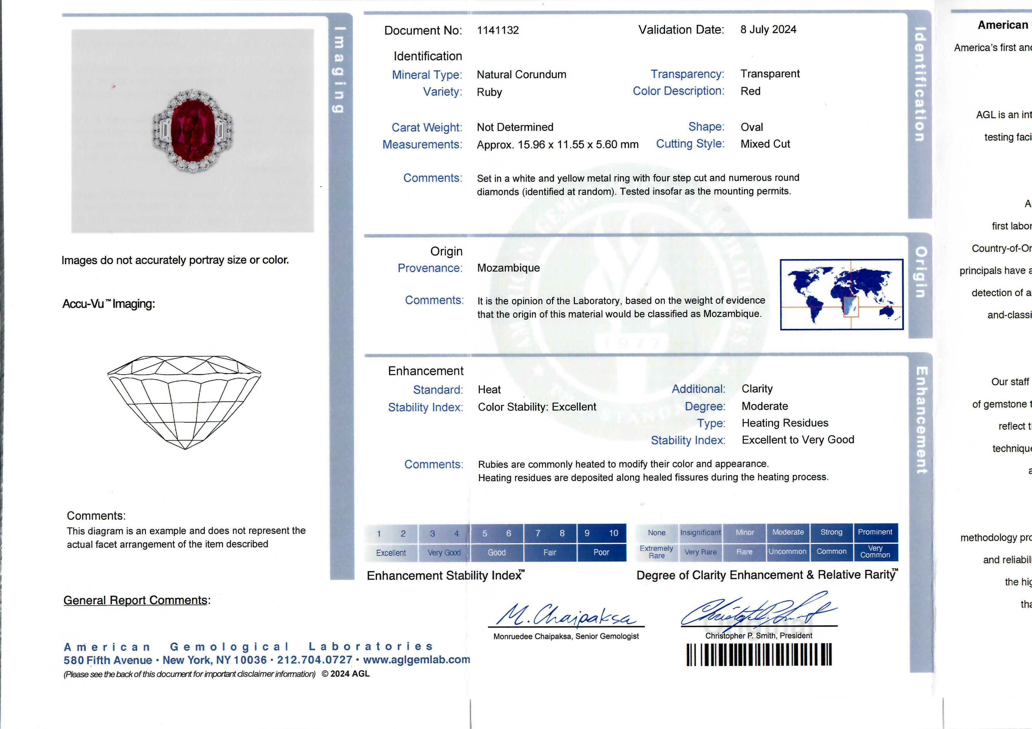 Maßgefertigter großer AGL-Ring mit Rubinen und Diamanten von hoher Qualität
--Stein(e):--
(1) Natürlicher echter Rubin - ovaler Brillantschliff - Zackenbesatz - tiefe Farbe - natürliche Einschlüsse - 8,50ct (genau - zertifiziert)
** Vollständige