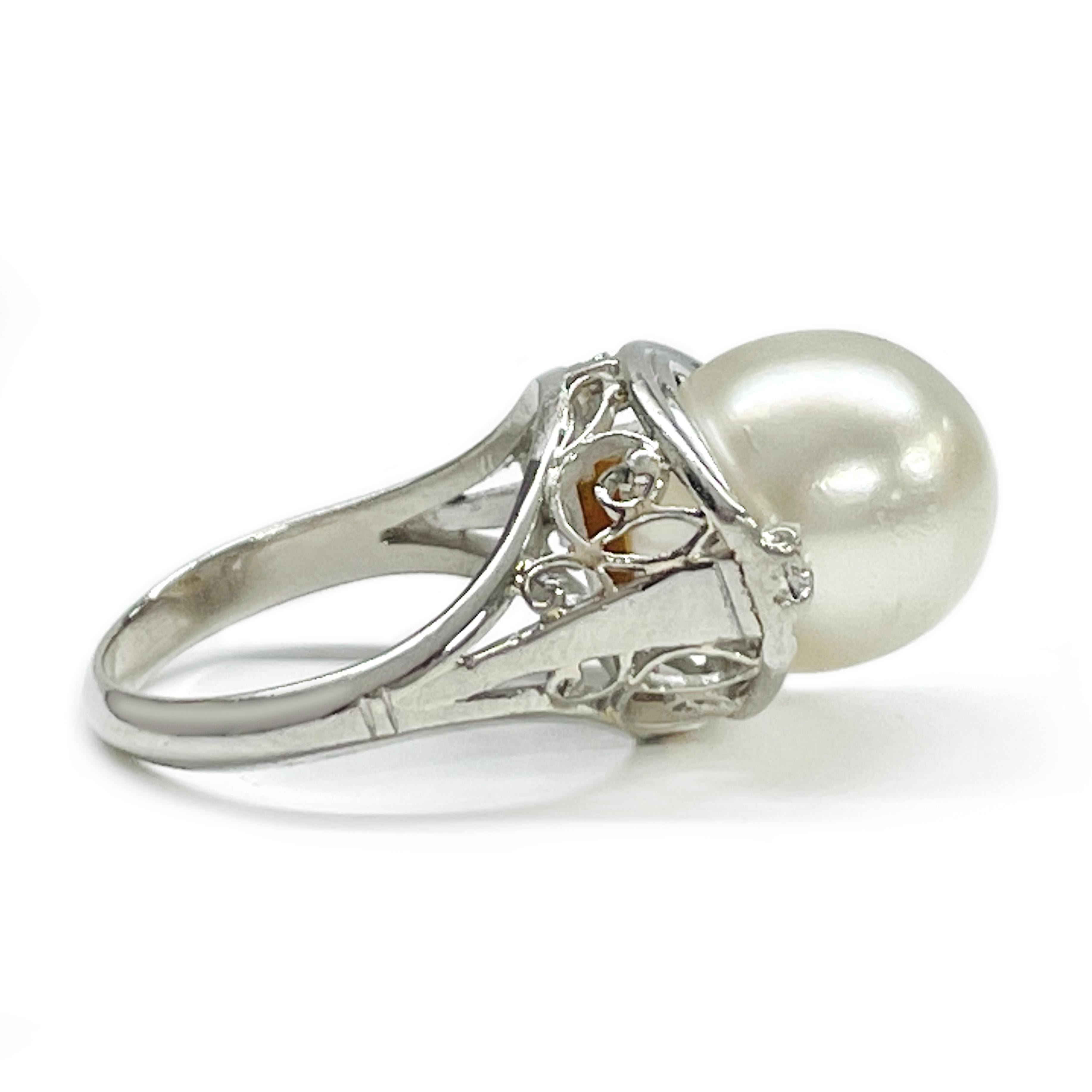 Retro Platinum Akoya Pearl Diamond Ring For Sale