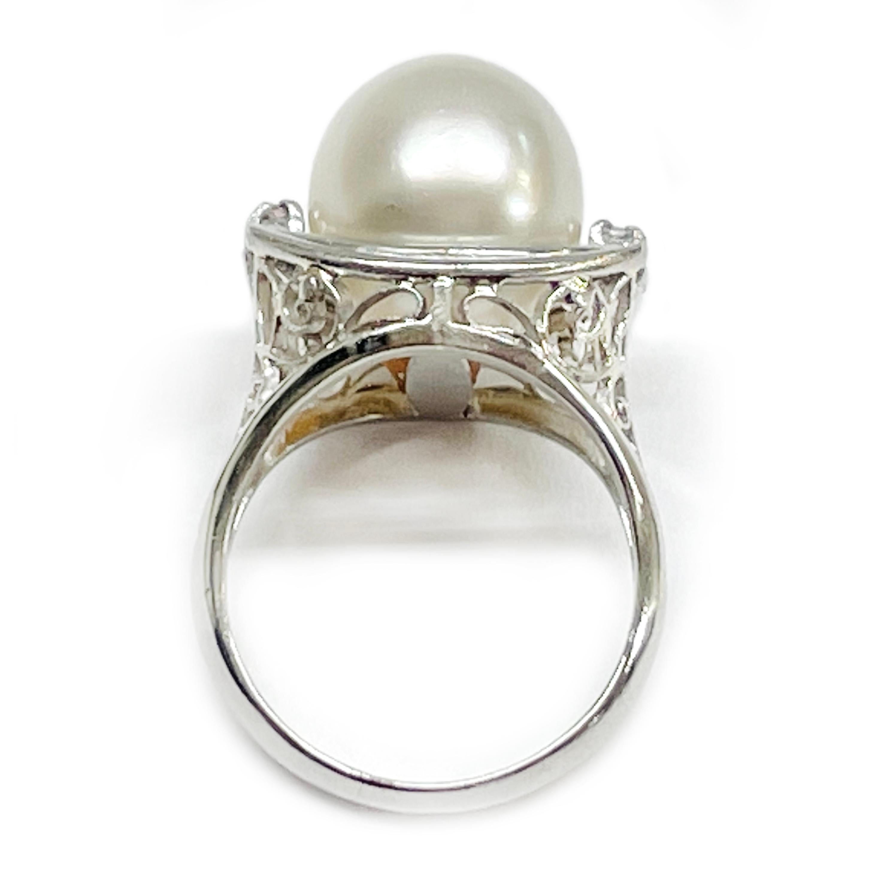Round Cut Platinum Akoya Pearl Diamond Ring For Sale
