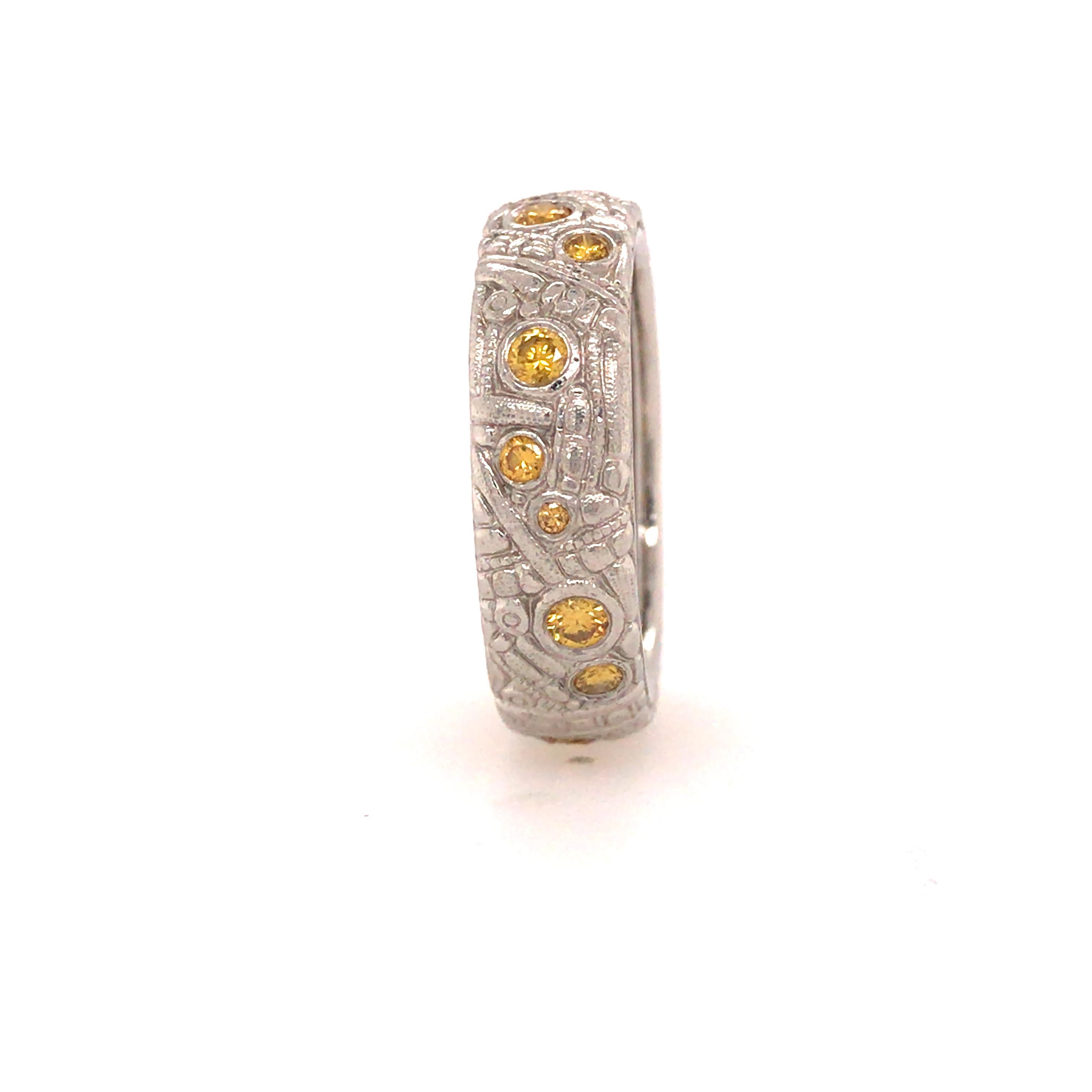 Women's Platinum Alex Sepkus Canary Diamond Hand-Hammered and Engraved Wide Band