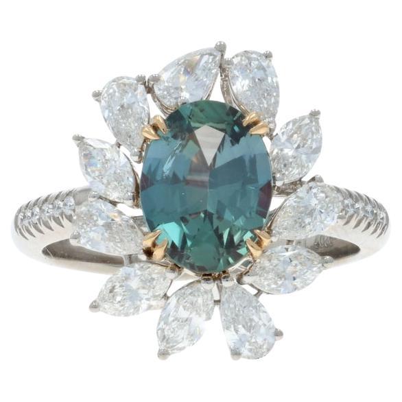 Platinum Alexandrite Diamond Floral Engagement Ring - 950 18k Oval 3.31ctw GIA For Sale