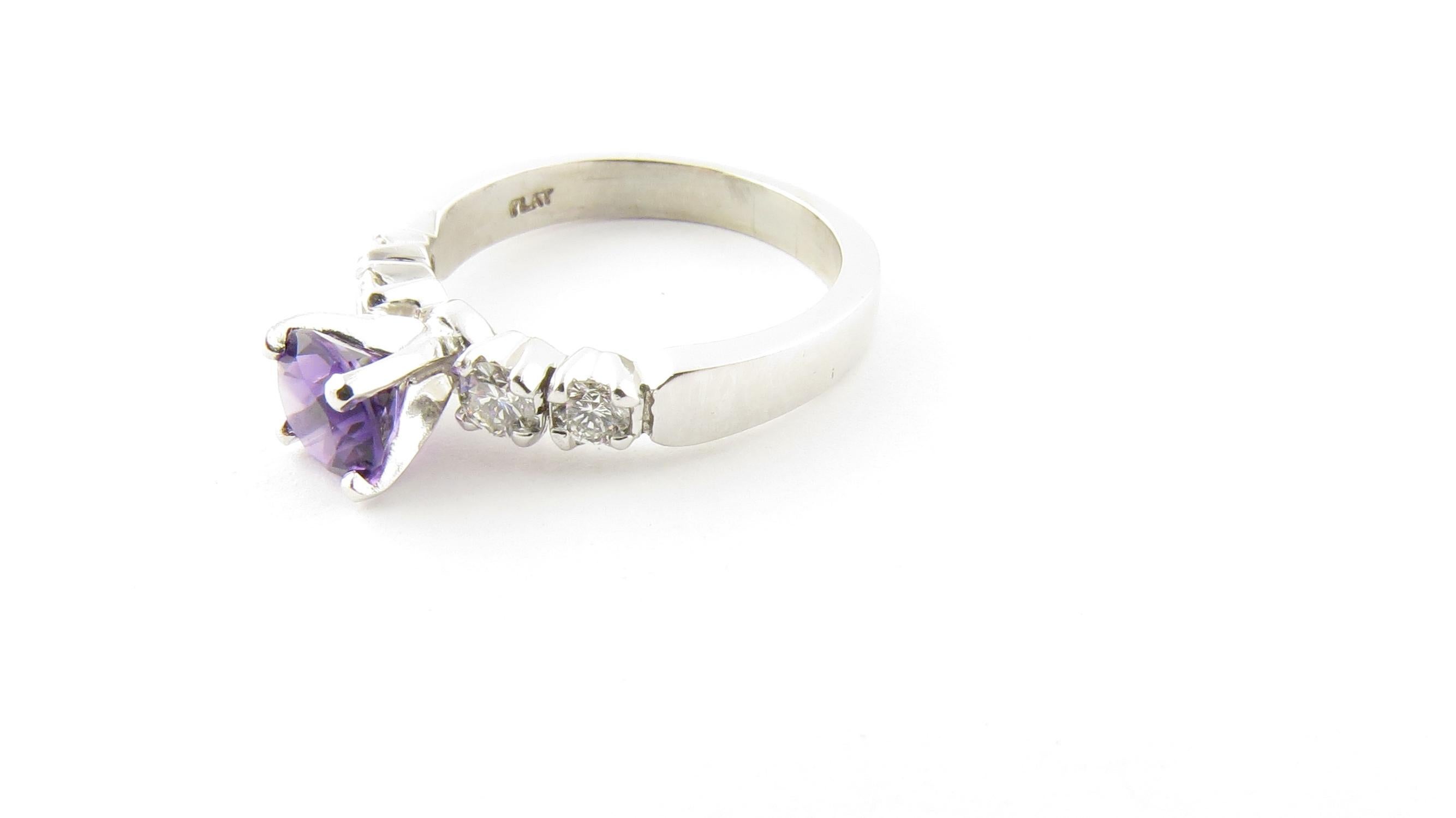 Vintage Platinum Amethyst and Diamond Ring Size 5

This stunning ring features one round genuine amethyst (6 mm) and four round brilliant cut diamonds set in elegant platinum. Shank measures 2.5 mm.

Approximate total diamond weight: .28