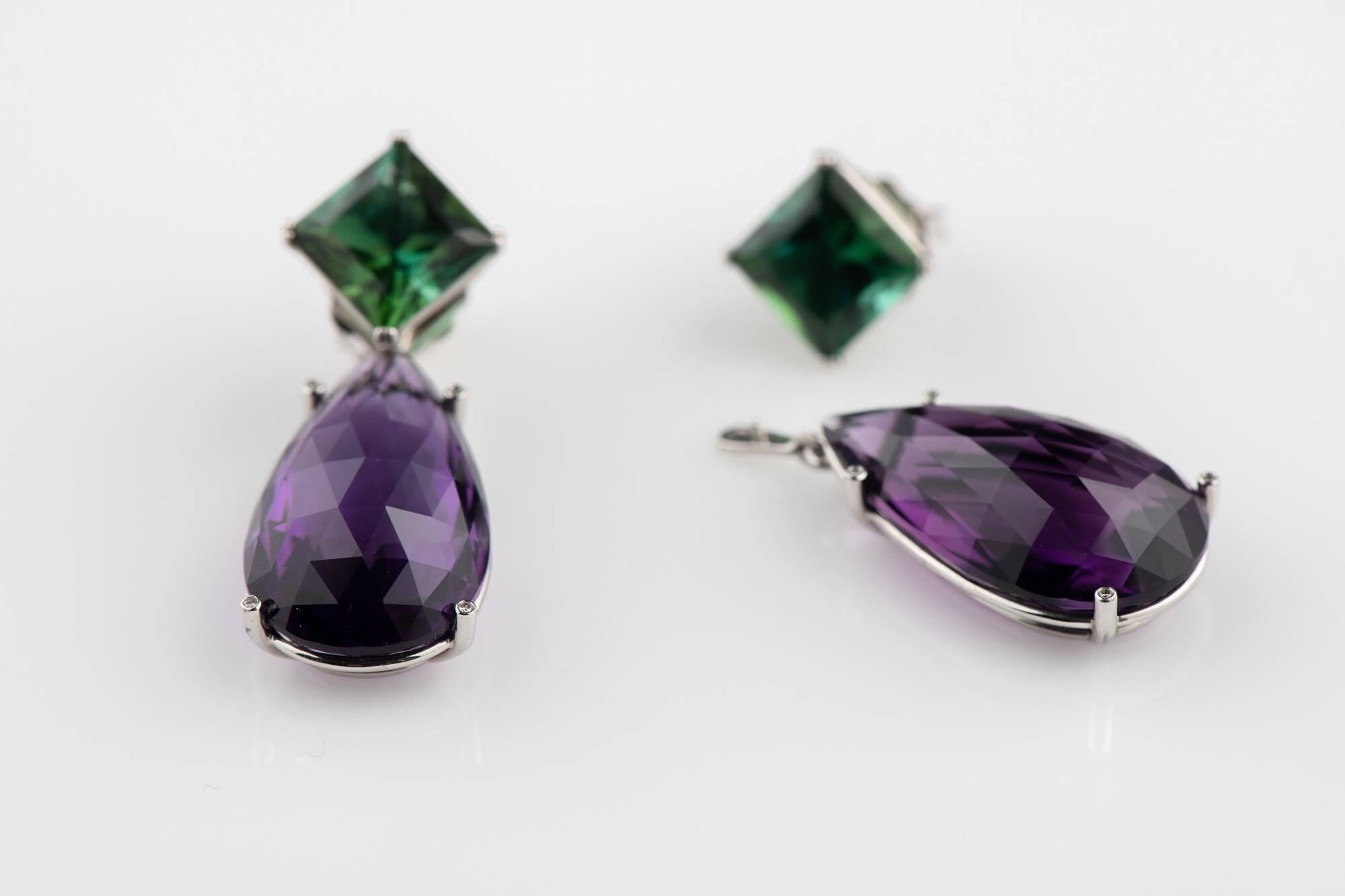 Platinum Amethyst Tourmaline Diamond Earrings Wagner Collection For Sale 2