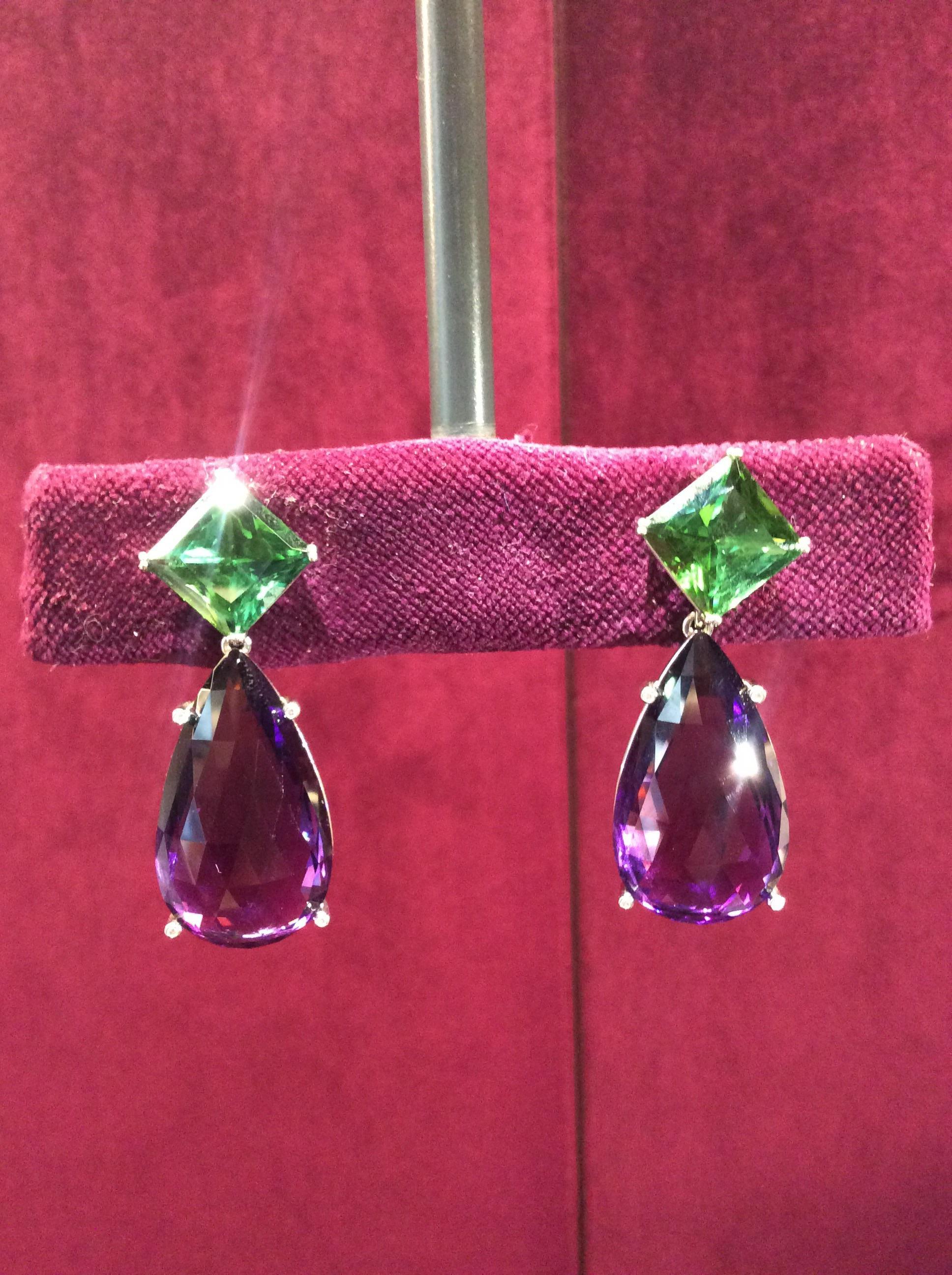 Platinum Amethyst Tourmaline Diamond Earrings Wagner Collection In New Condition For Sale In Berlin, DE