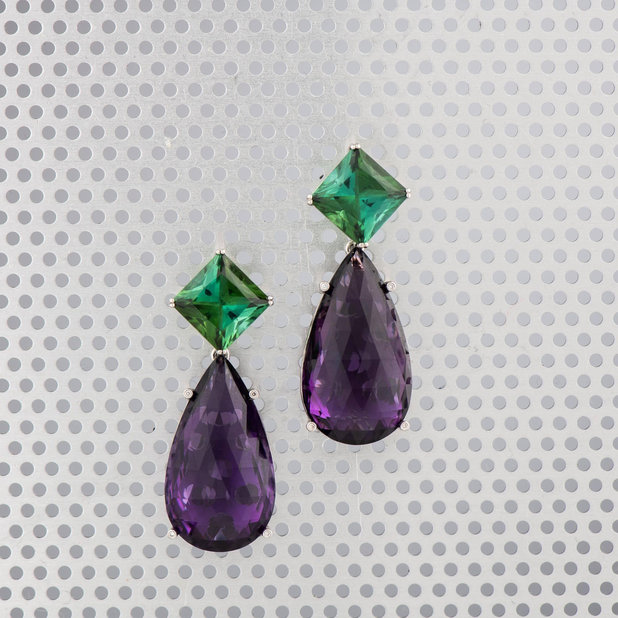 Platinum Amethyst Tourmaline Diamond Earrings Wagner Collection For Sale