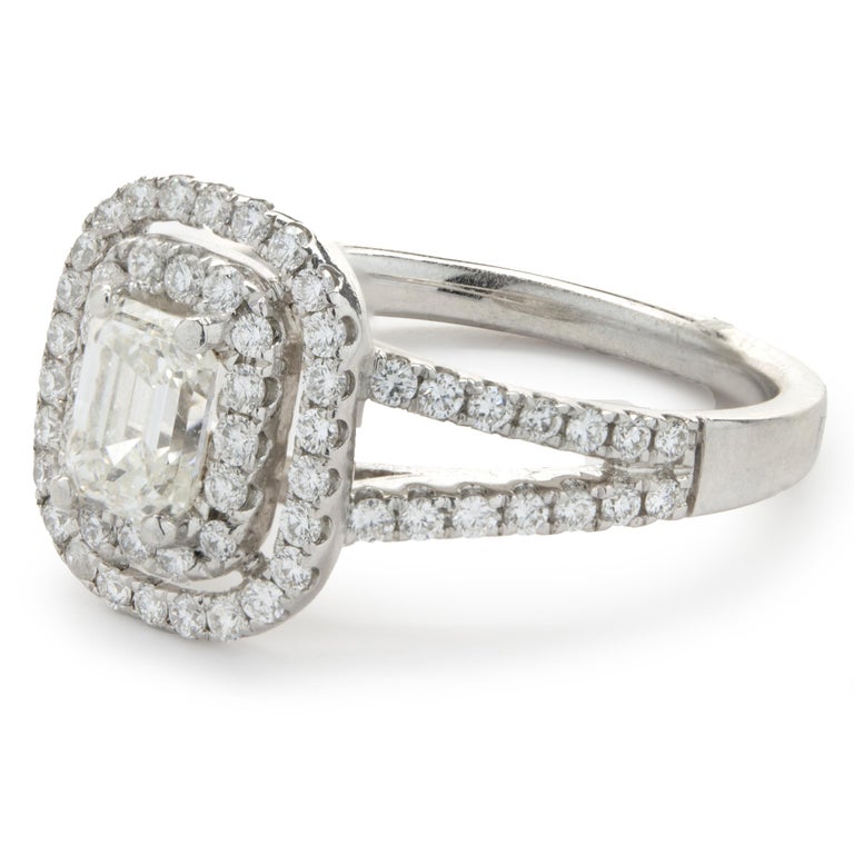 Platinum and 0.70ct EmeraldCut Double Halo Engagement Ring For Sale at