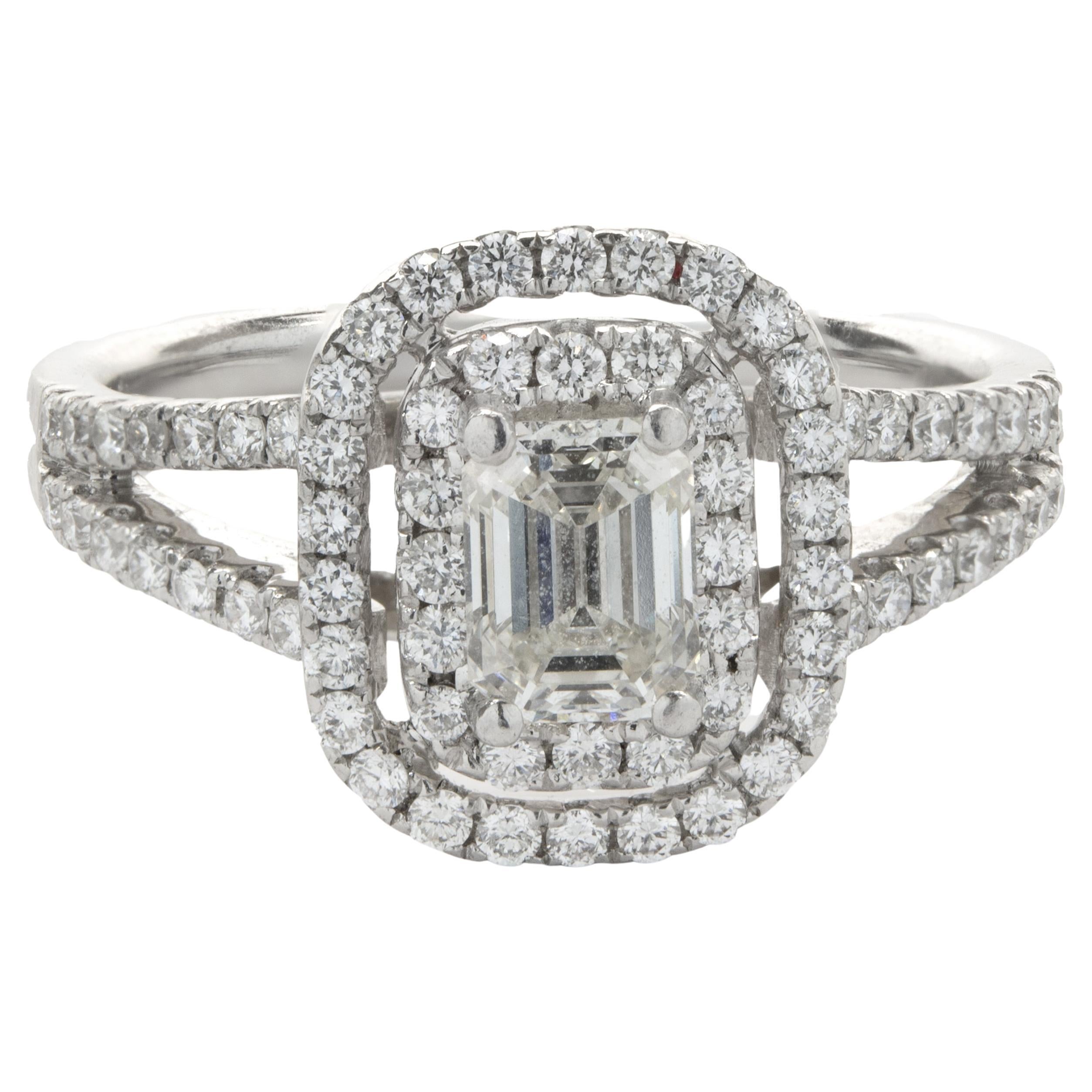 Double Halo Diamond French Cut Sapphire Platinum Engagement Ring For Sale at 1stDibs ring