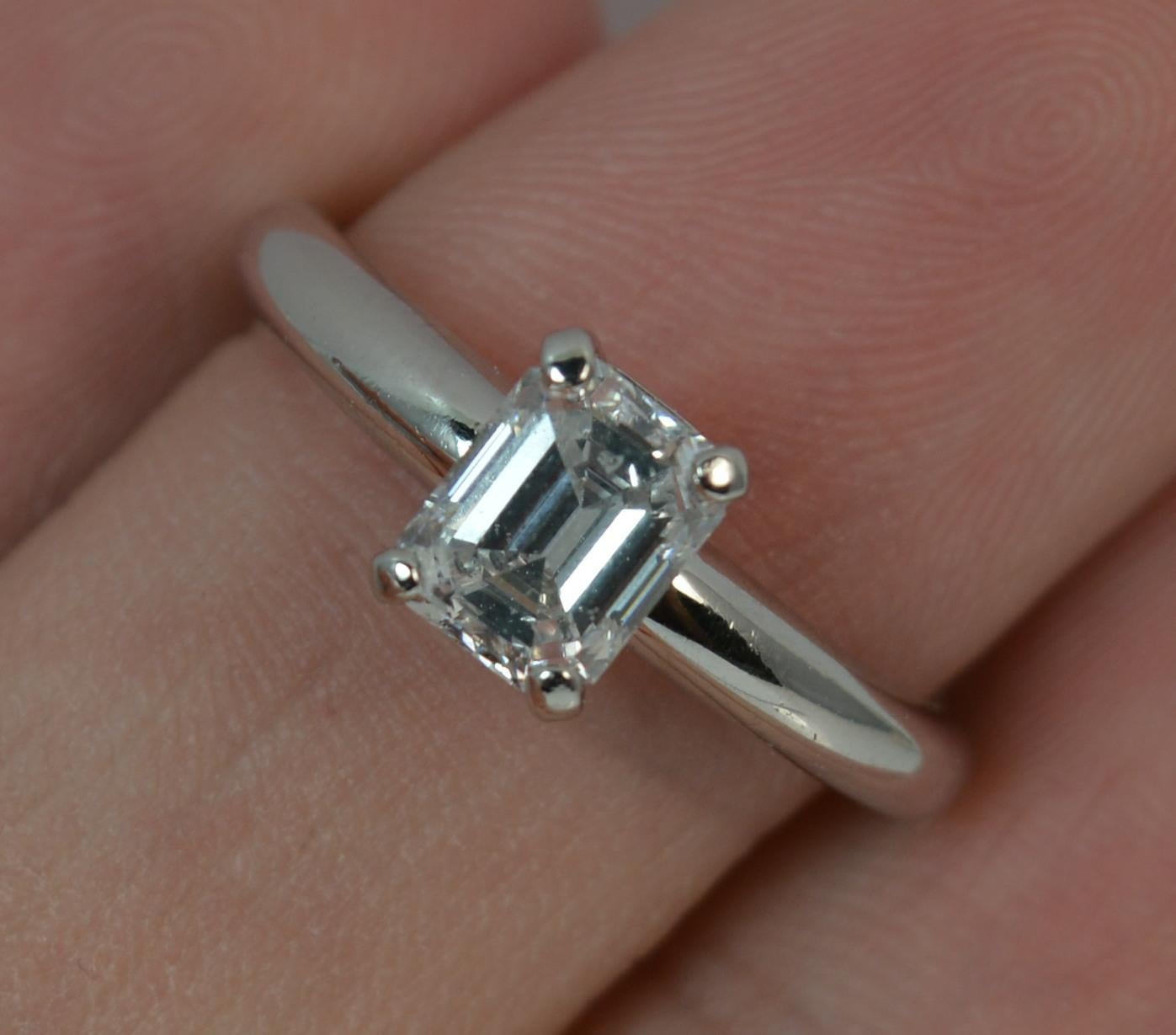 Platinum and 1.01 Carat Emerald Cut Diamond Solitaire Engagement Ring In Excellent Condition In St Helens, GB
