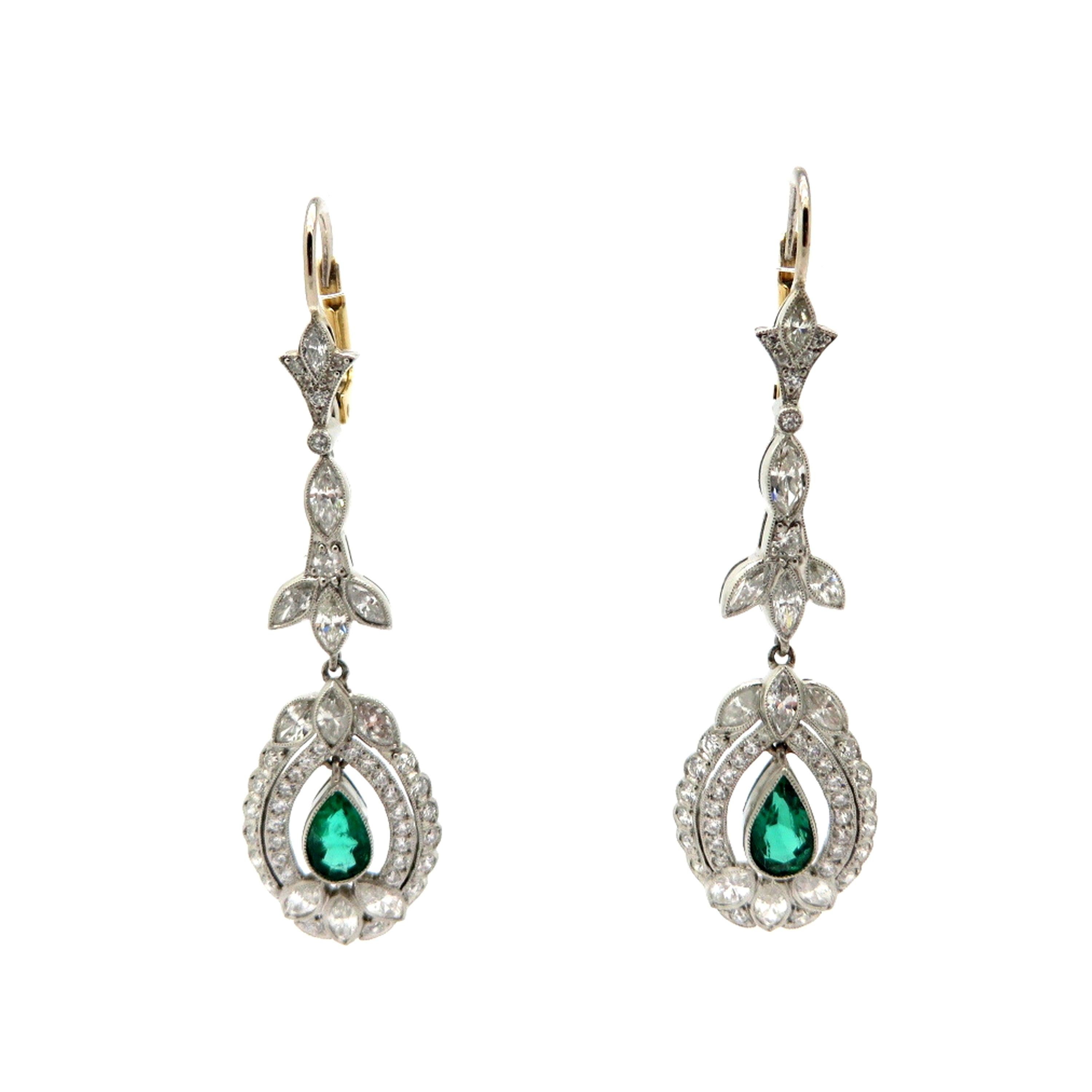 Platinum and 14 Karat Gold Antique Old European Cut Emerald and Diamond Earrings For Sale