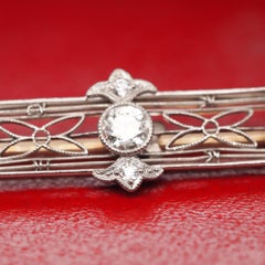 Platinum and 14 Karat Gold Long Bar Pin with Old European Cut Diamonds VHK#556