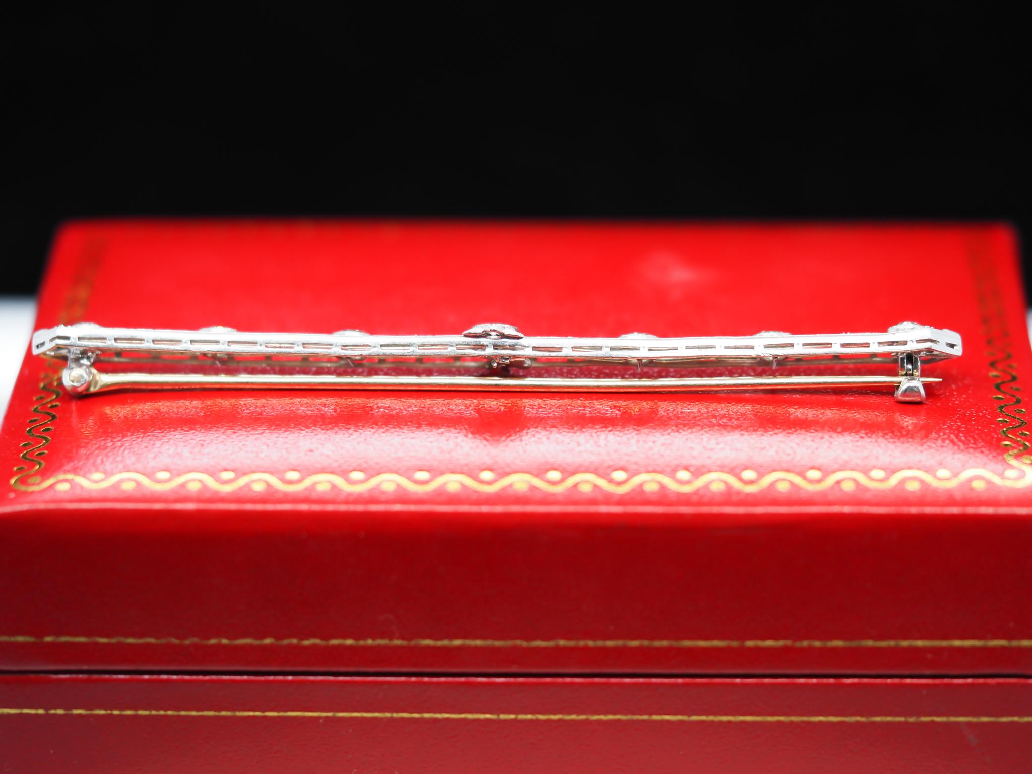 Art Deco Platinum and 14 Karat Gold Long Bar Pin with Old European Cut Diamonds VHK#556 For Sale