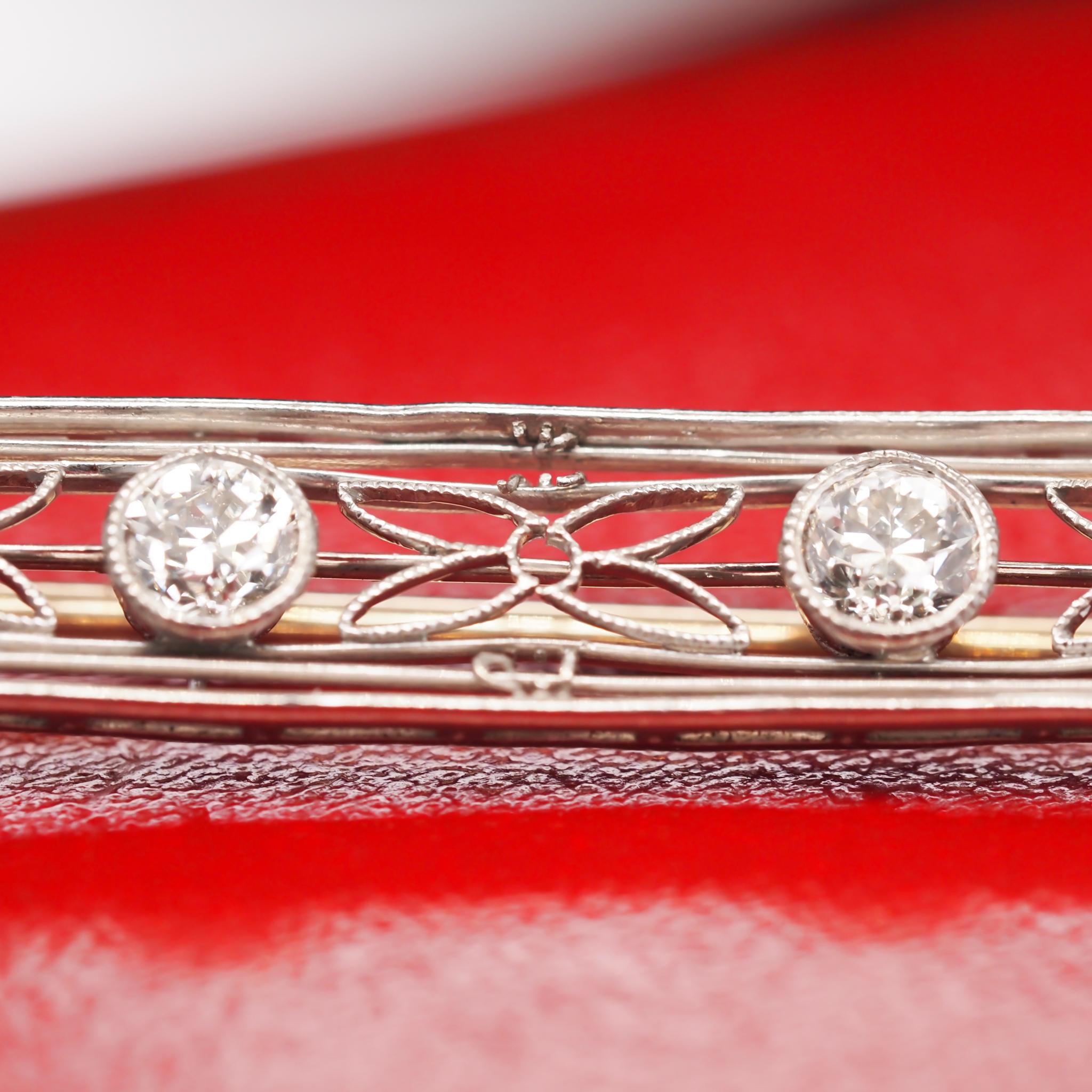 Women's or Men's Platinum and 14 Karat Gold Long Bar Pin with Old European Cut Diamonds VHK#556 For Sale