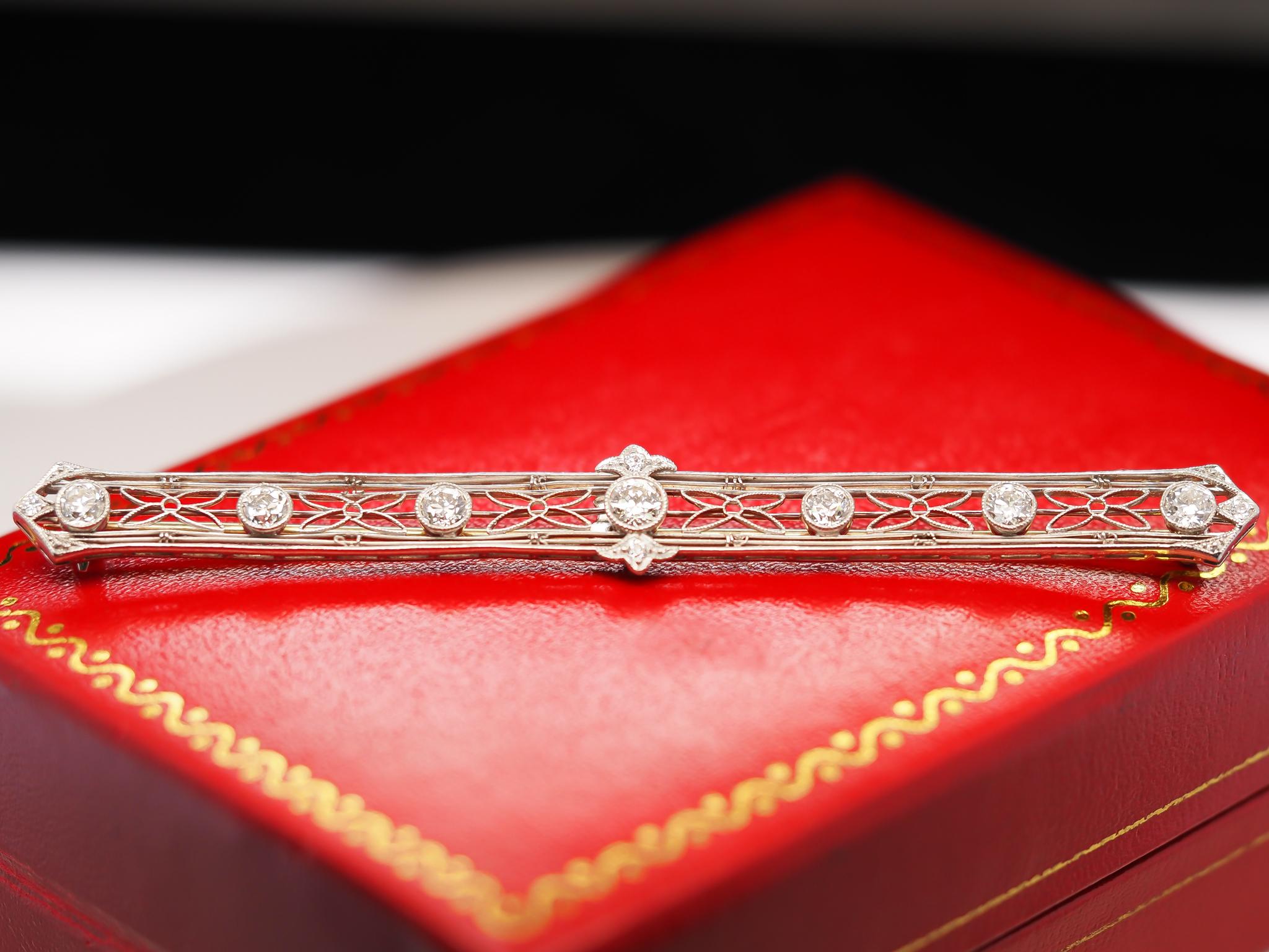 Platinum and 14 Karat Gold Long Bar Pin with Old European Cut Diamonds VHK#556 For Sale 1