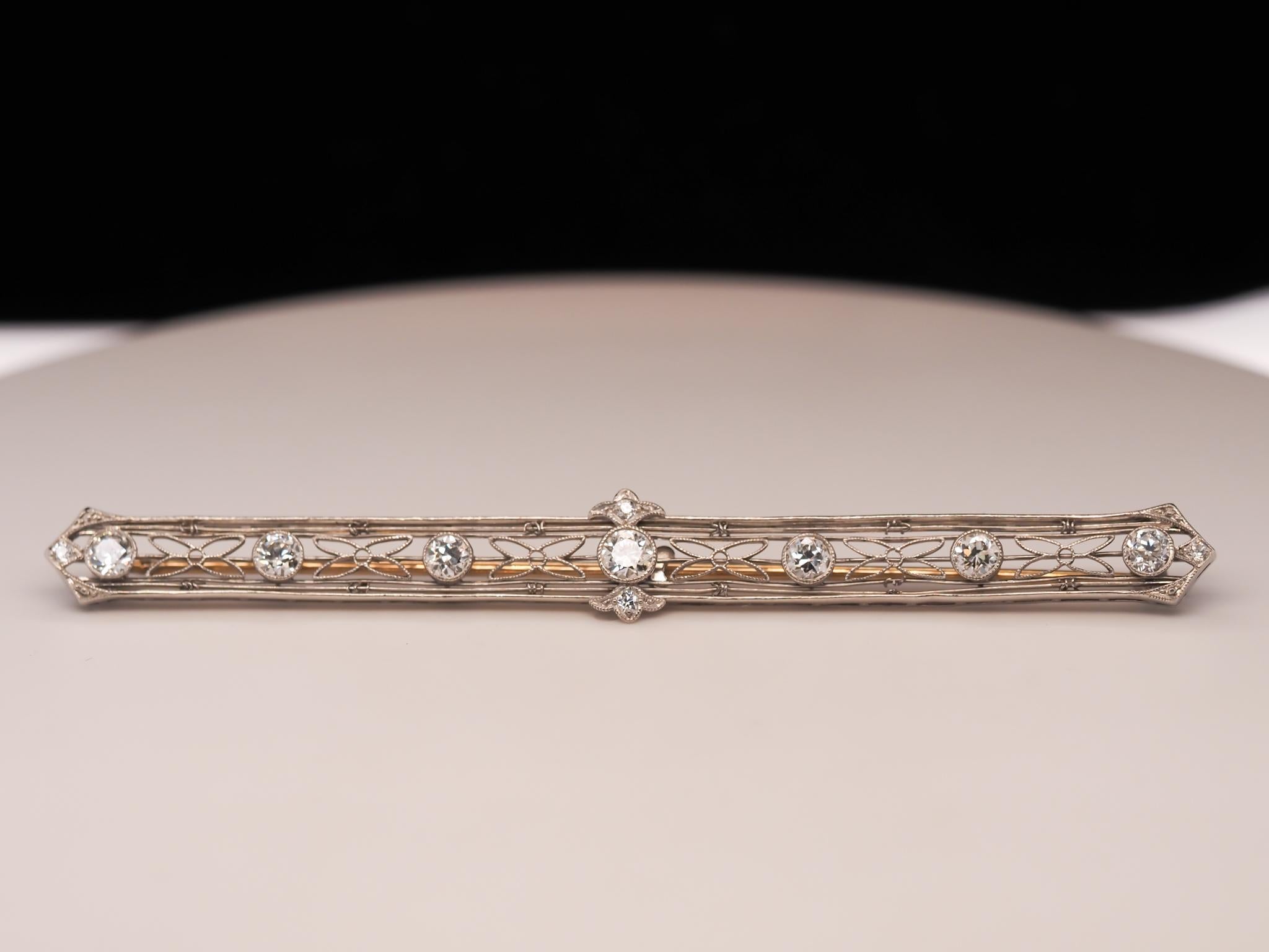 Platinum and 14 Karat Gold Long Bar Pin with Old European Cut Diamonds VHK#556 For Sale 2