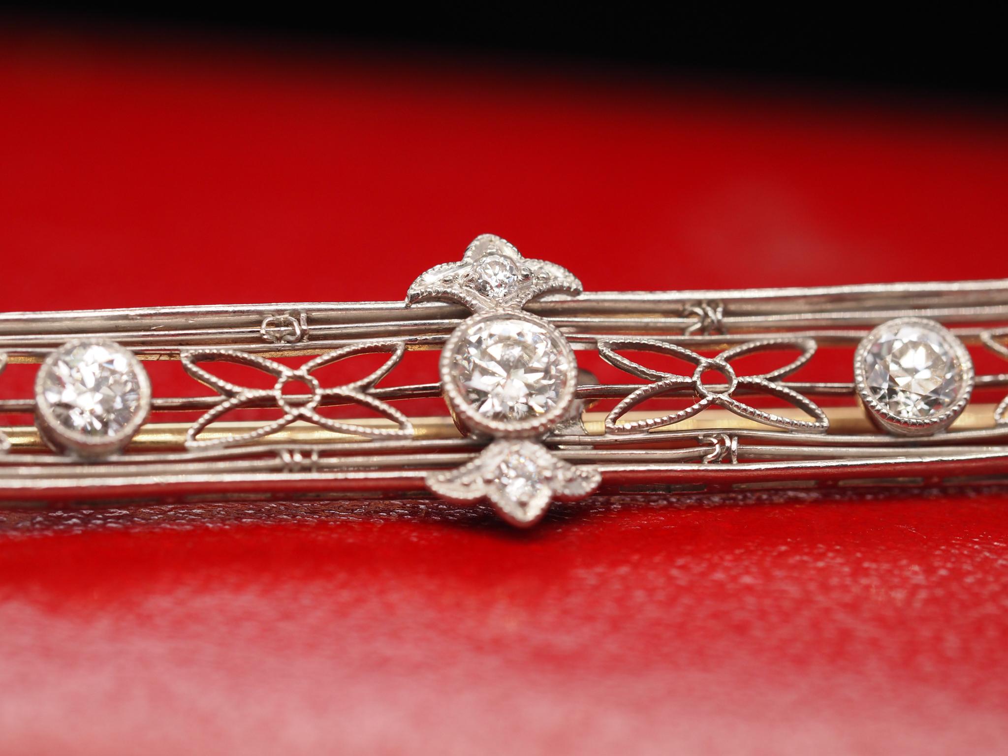 Platinum and 14 Karat Gold Long Bar Pin with Old European Cut Diamonds VHK#556 For Sale 4